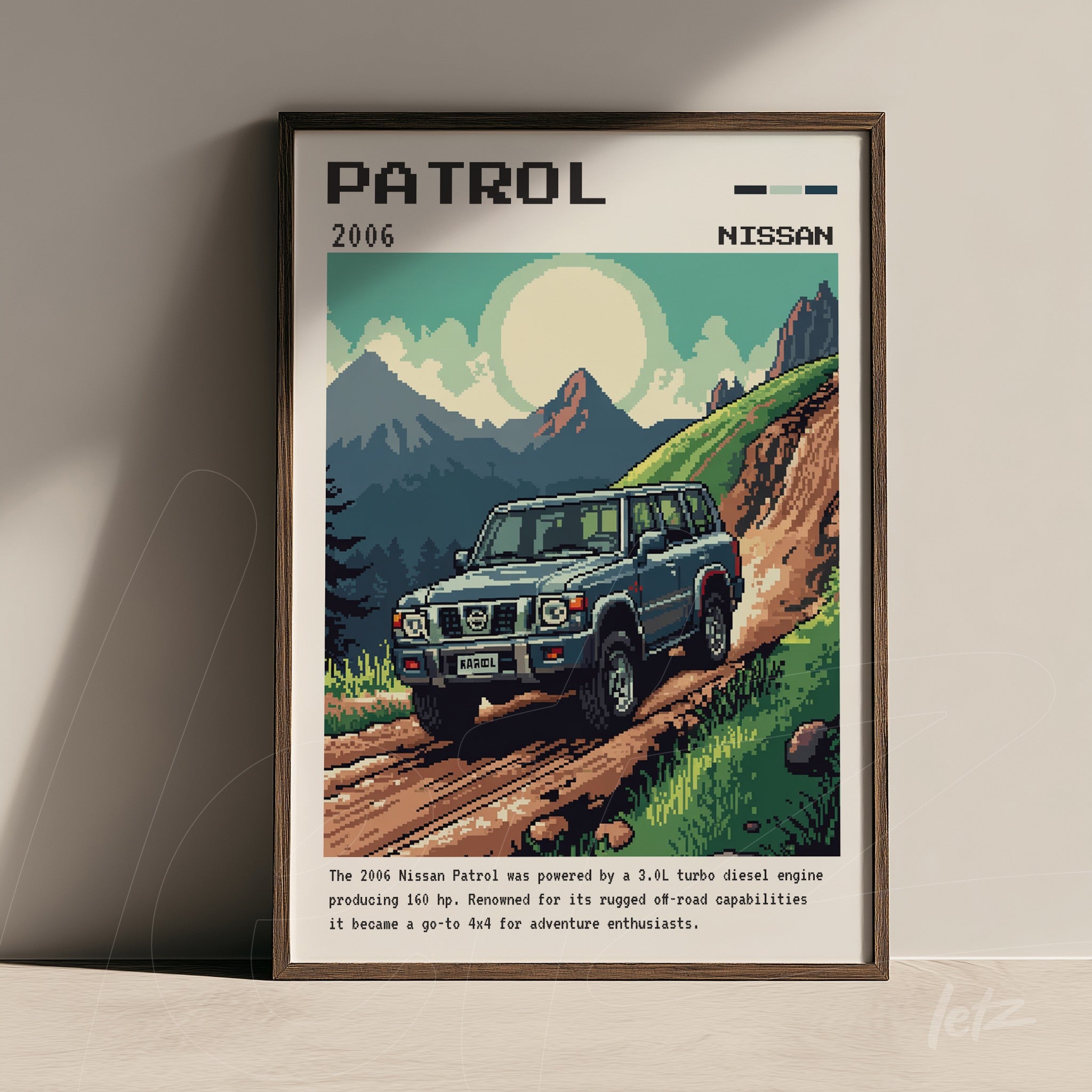 retro style framed art of 2006 Nissan Patrol on a dirt road