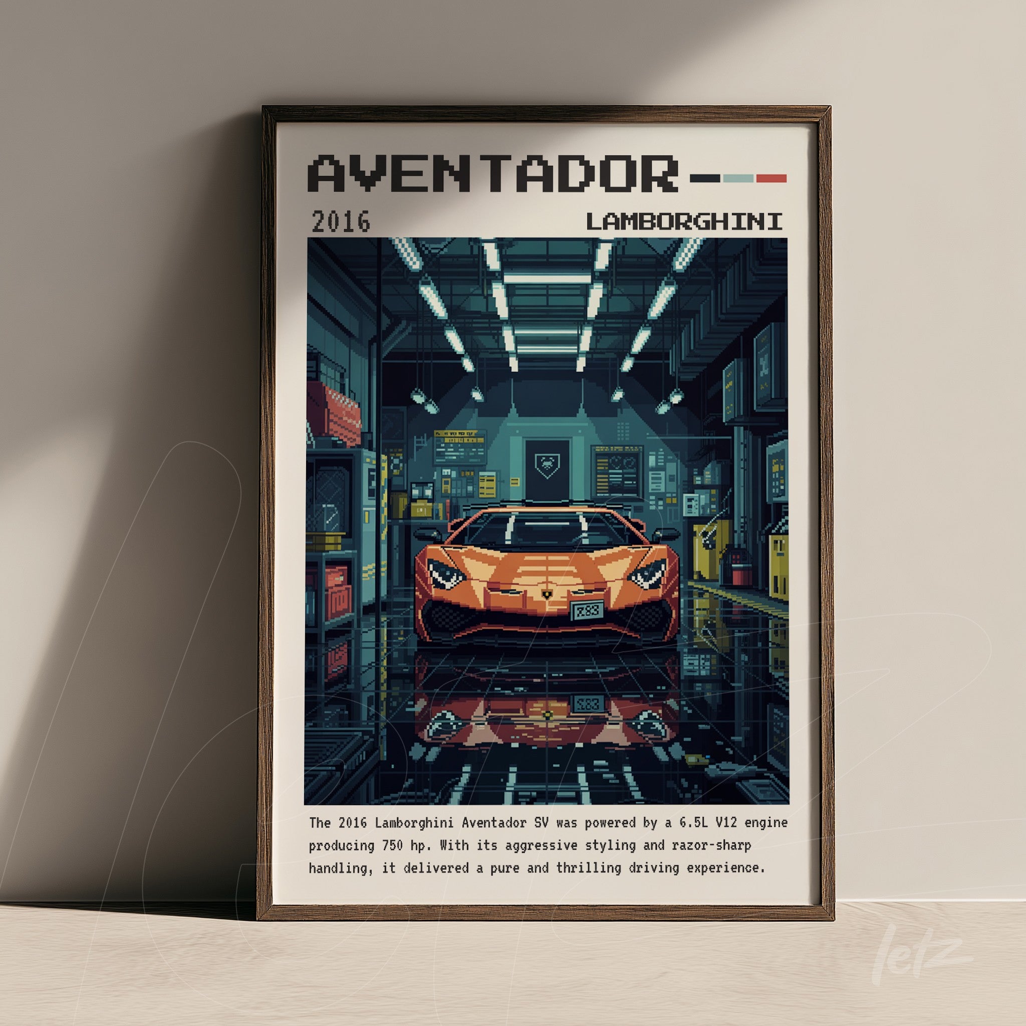 framed pixel art of Lamborghini Aventador car with dark frame