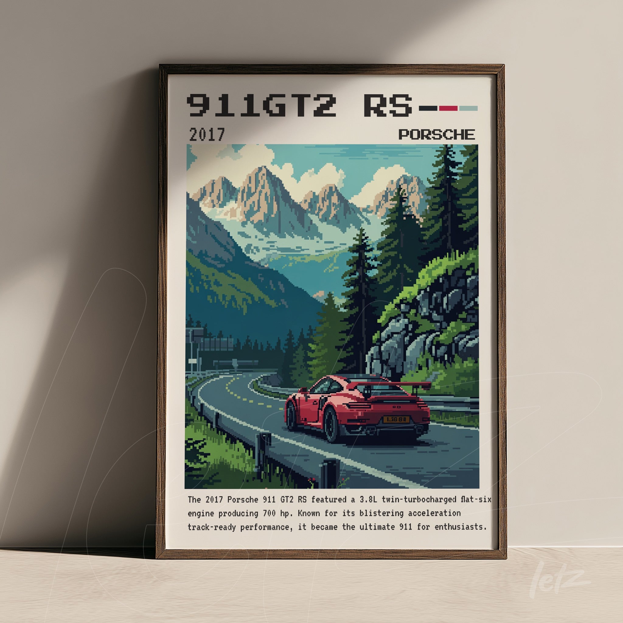 retro pixel art framed print of Porsche 911 GT2 RS on a mountainous road with dark frame