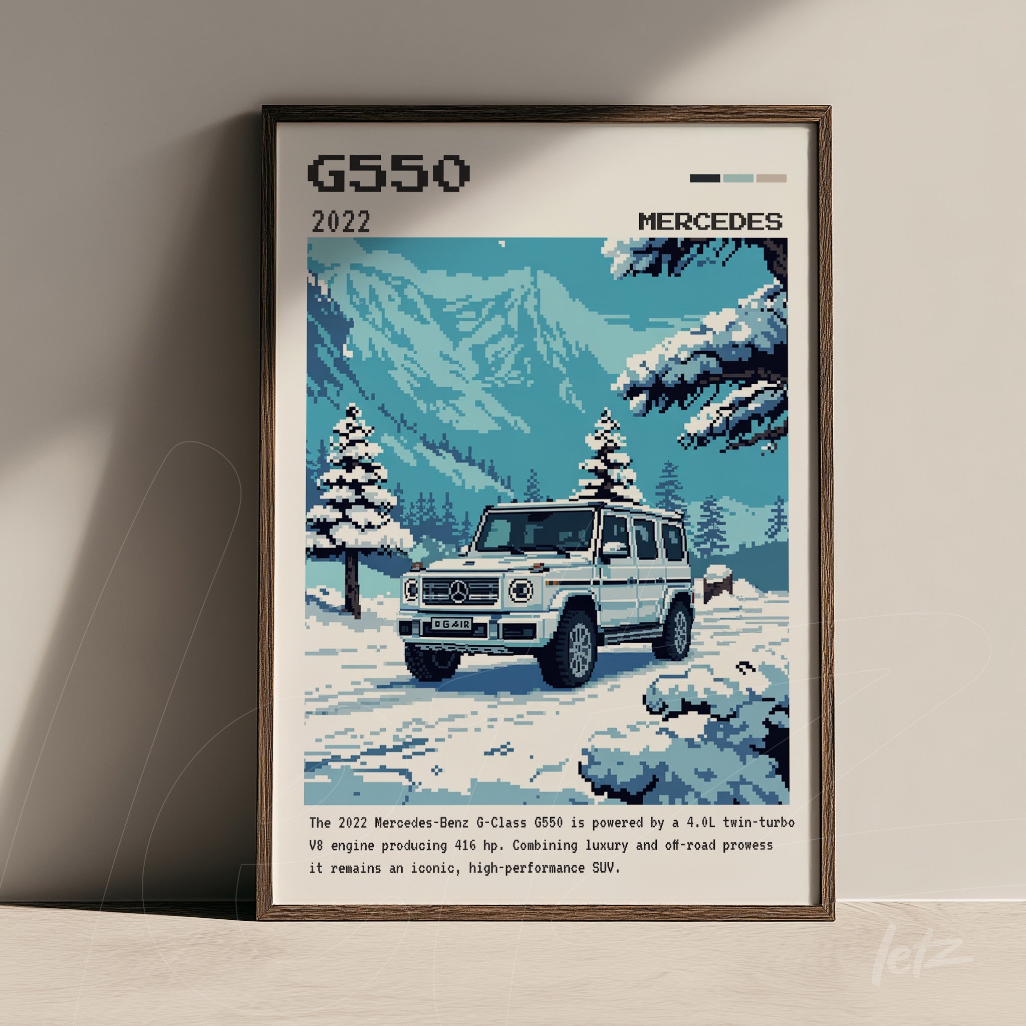 pixel art framed illustration of a 2022 Mercedes-Benz G-Class in a snowy landscape with mountains in the background and dark wooden frame