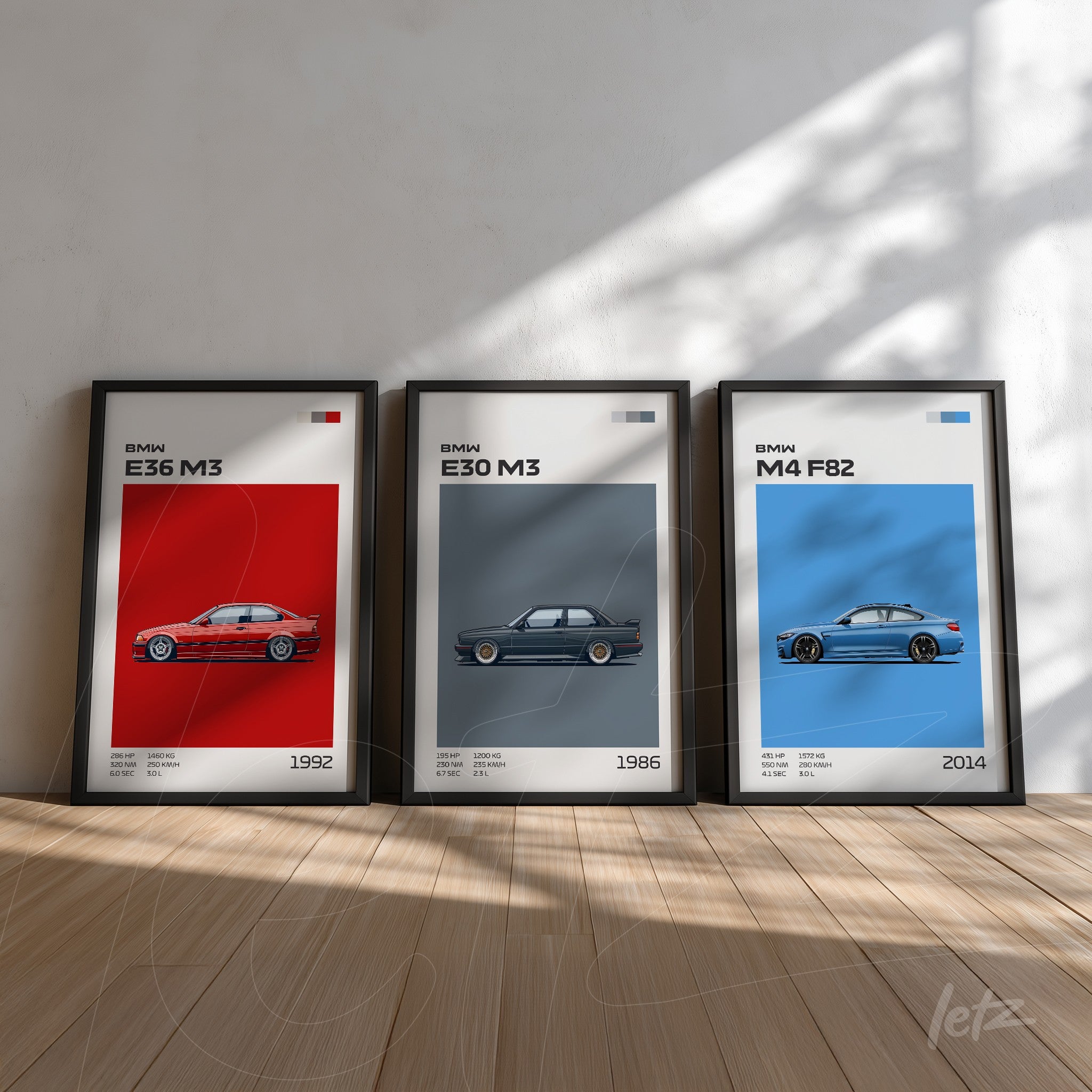 collection of three framed wall art featuring BMW cars, showcasing the E36 M3 from 1992, E30 M3 from 1986, and M4 F82 from 2014 against a light background