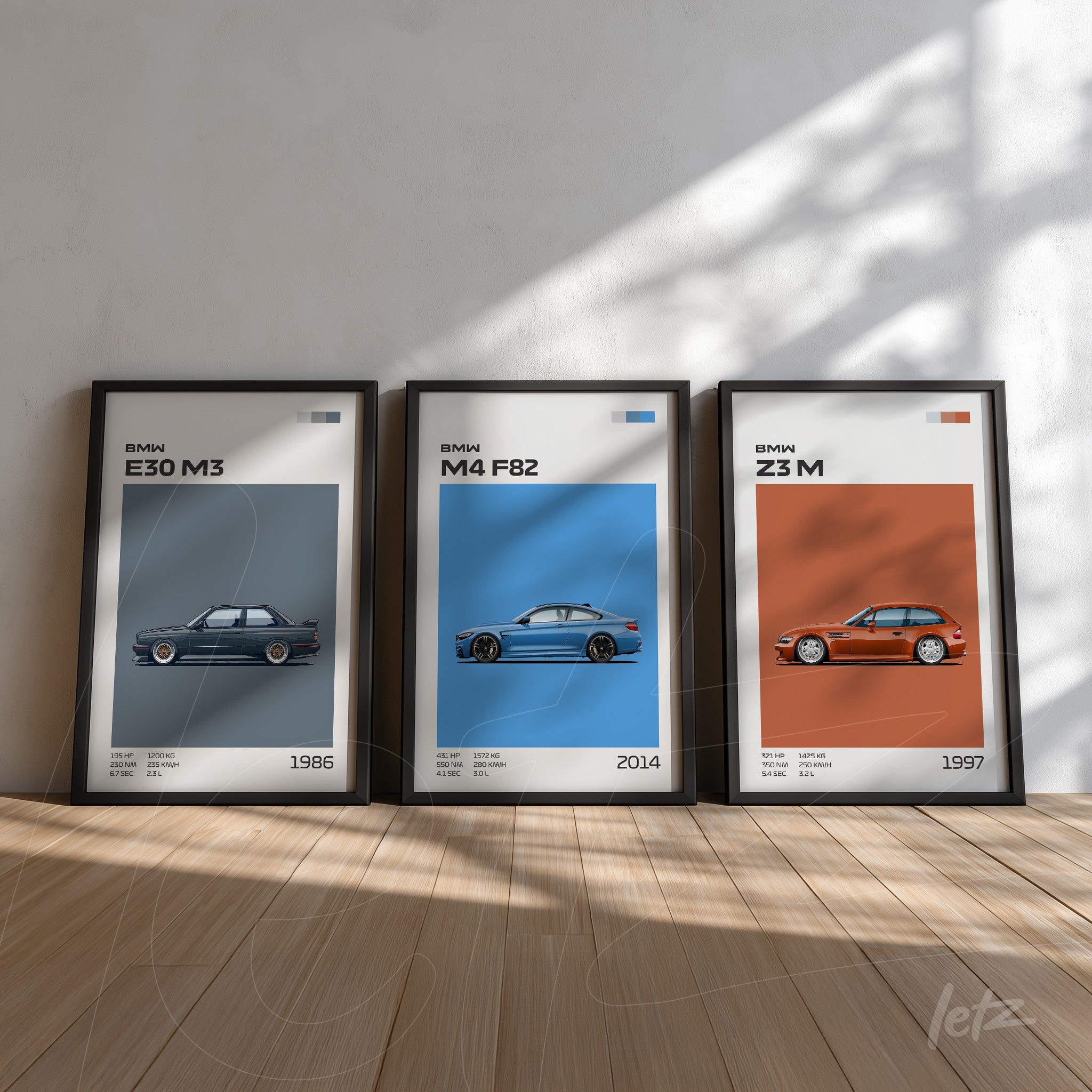 collection of framed illustrations of BMW cars featuring E30 M3 on gray background, M4 F82 on blue background, and Z3 M on orange background