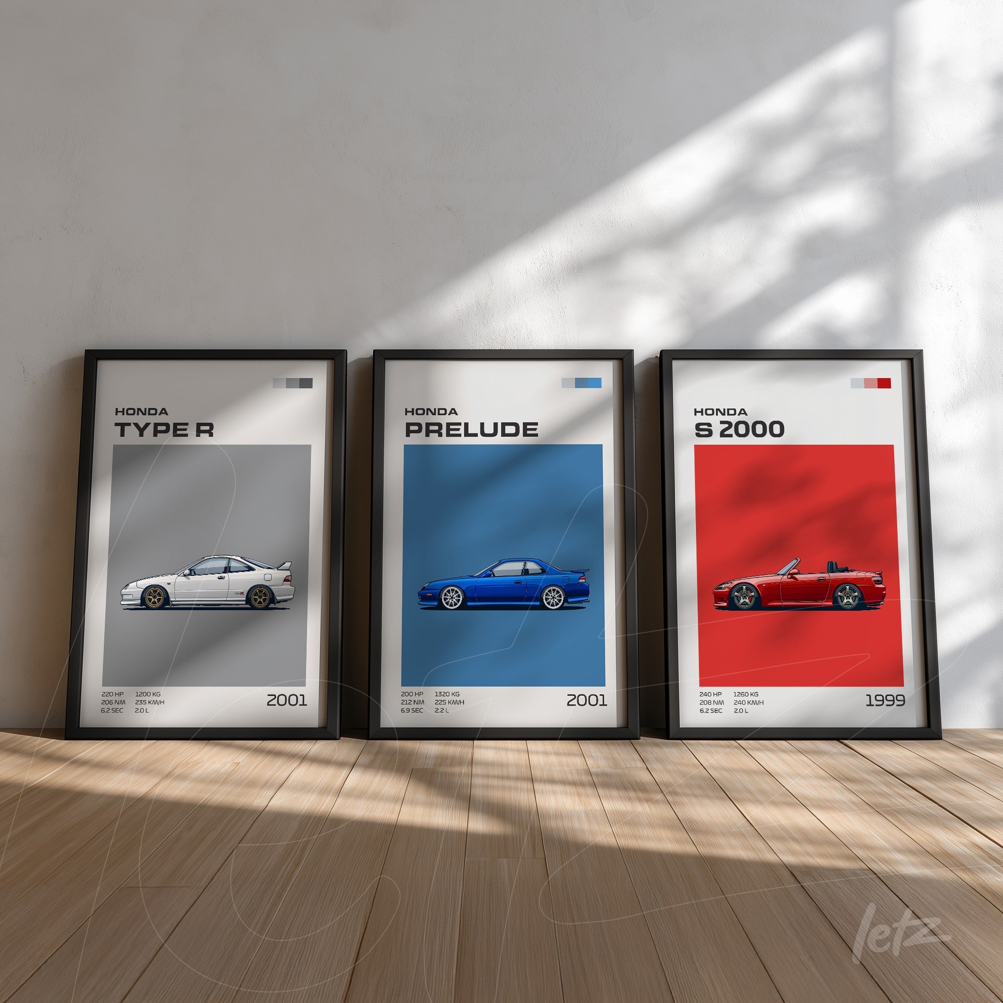 set of framed prints featuring illustrations of Honda cars in black frames, showcasing Type R, Prelude, and S2000 against colorful backgrounds