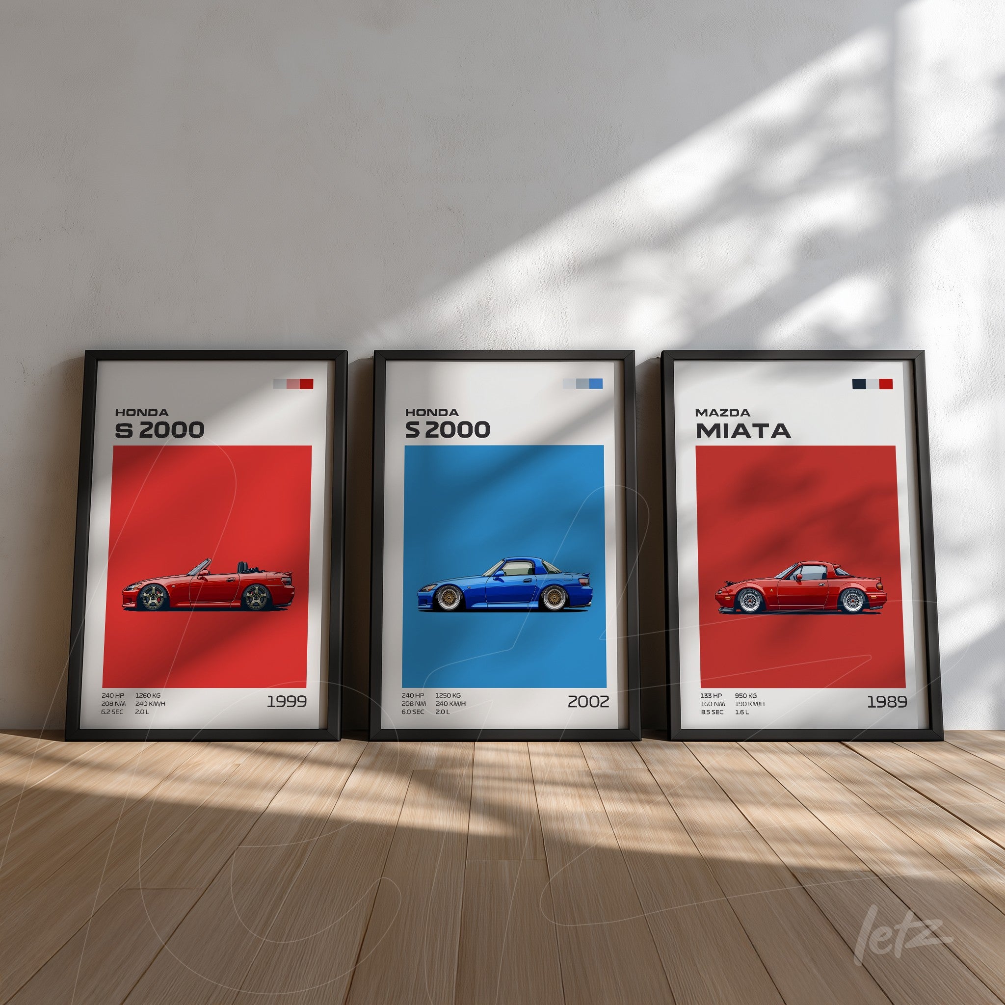 series of framed artworks featuring classic car illustrations, including red and blue Honda S2000, displayed against a light wall