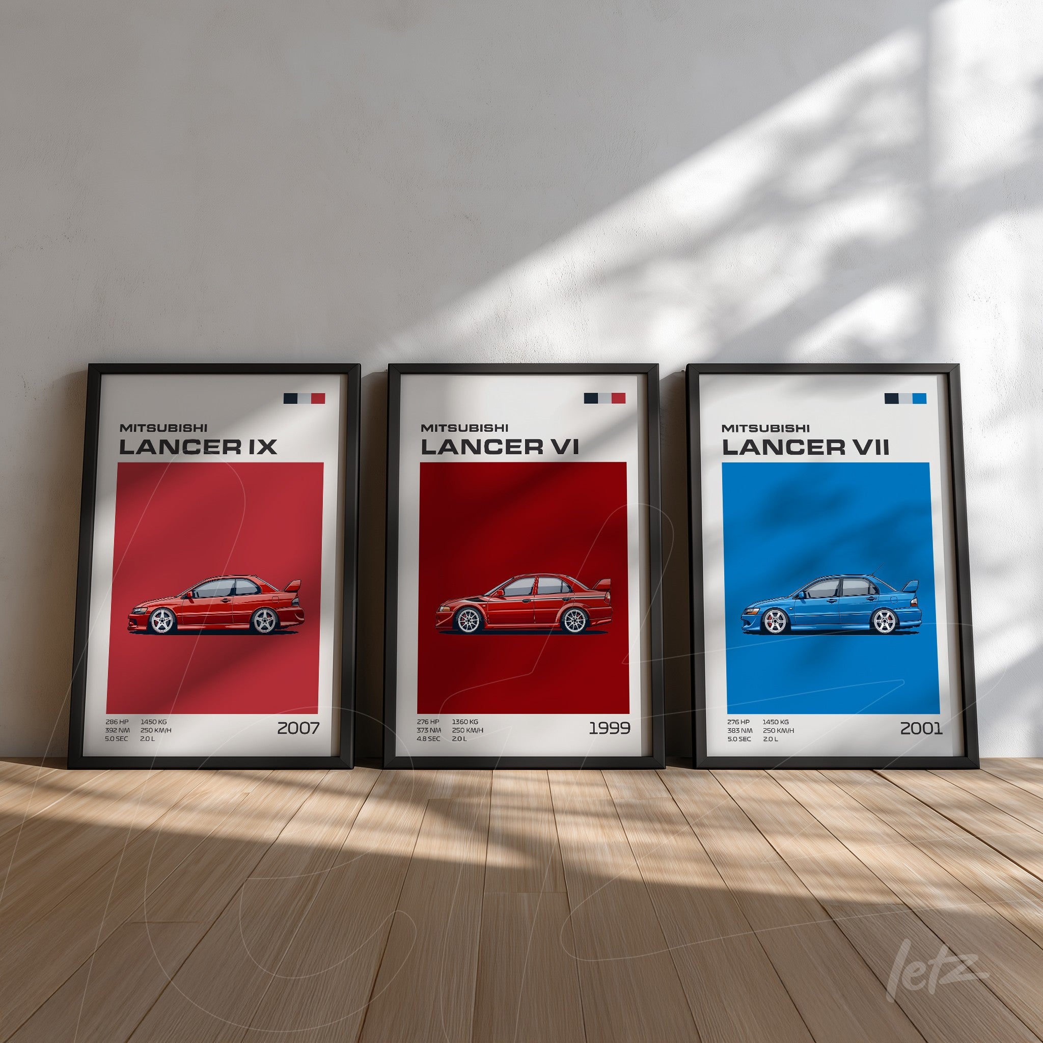 series of framed wall art featuring Mitsubishi Lancer IX, VI, and VII posters in black frames on light wooden floor
