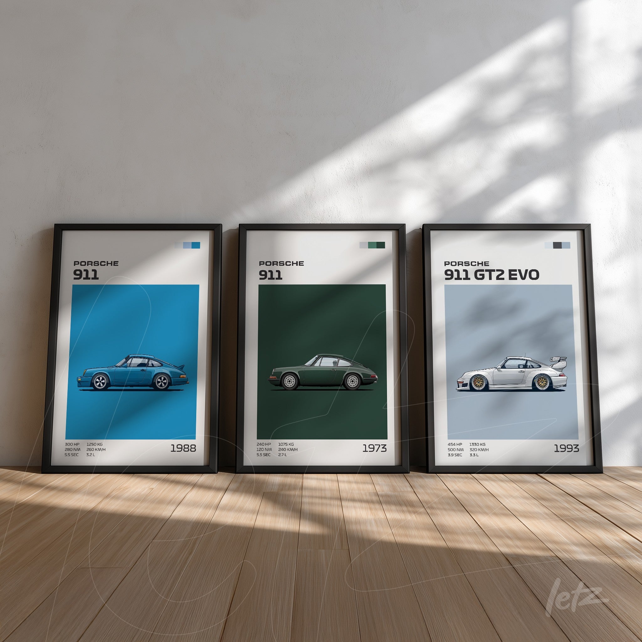 set of framed wall art featuring Porsche 911 illustrations on green and blue backgrounds with thin black frames