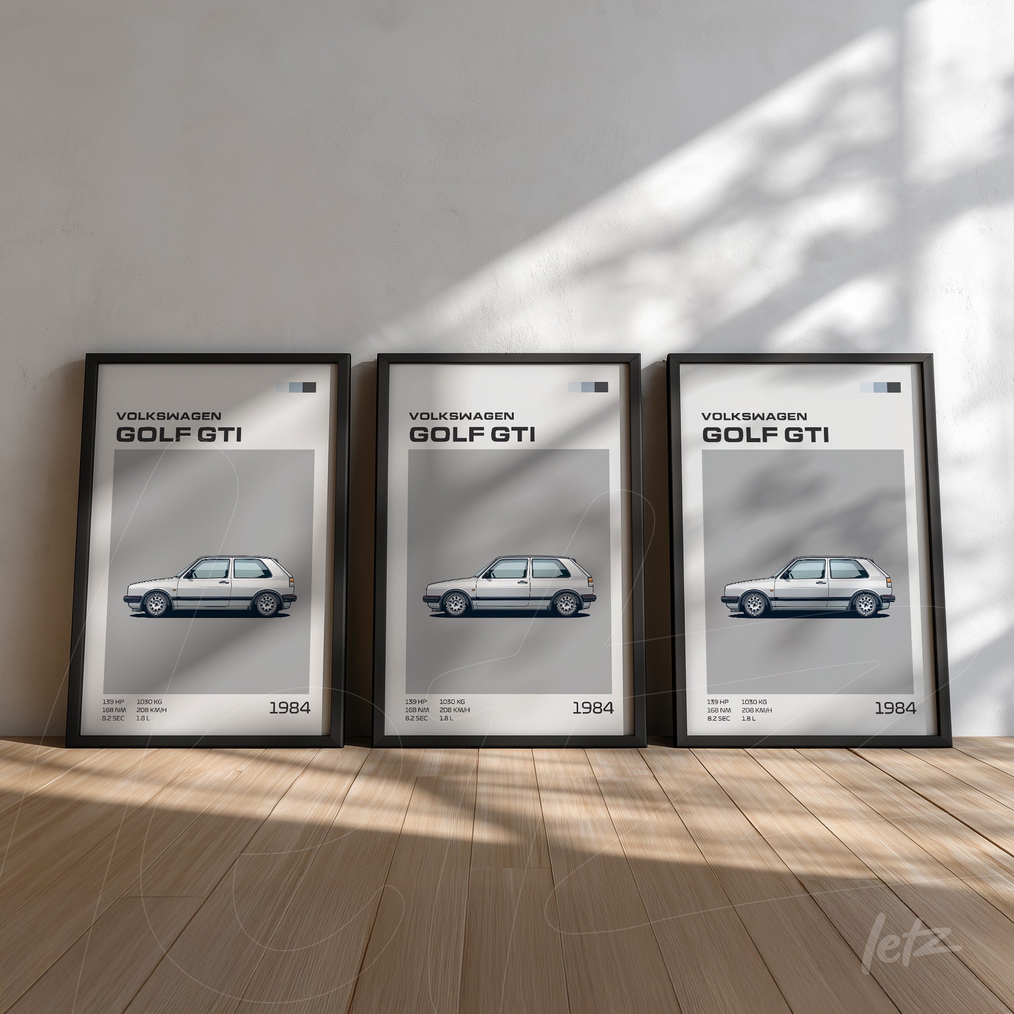 series of framed minimalist illustrations of 1984 Volkswagen Golf GTI displayed on a light wall