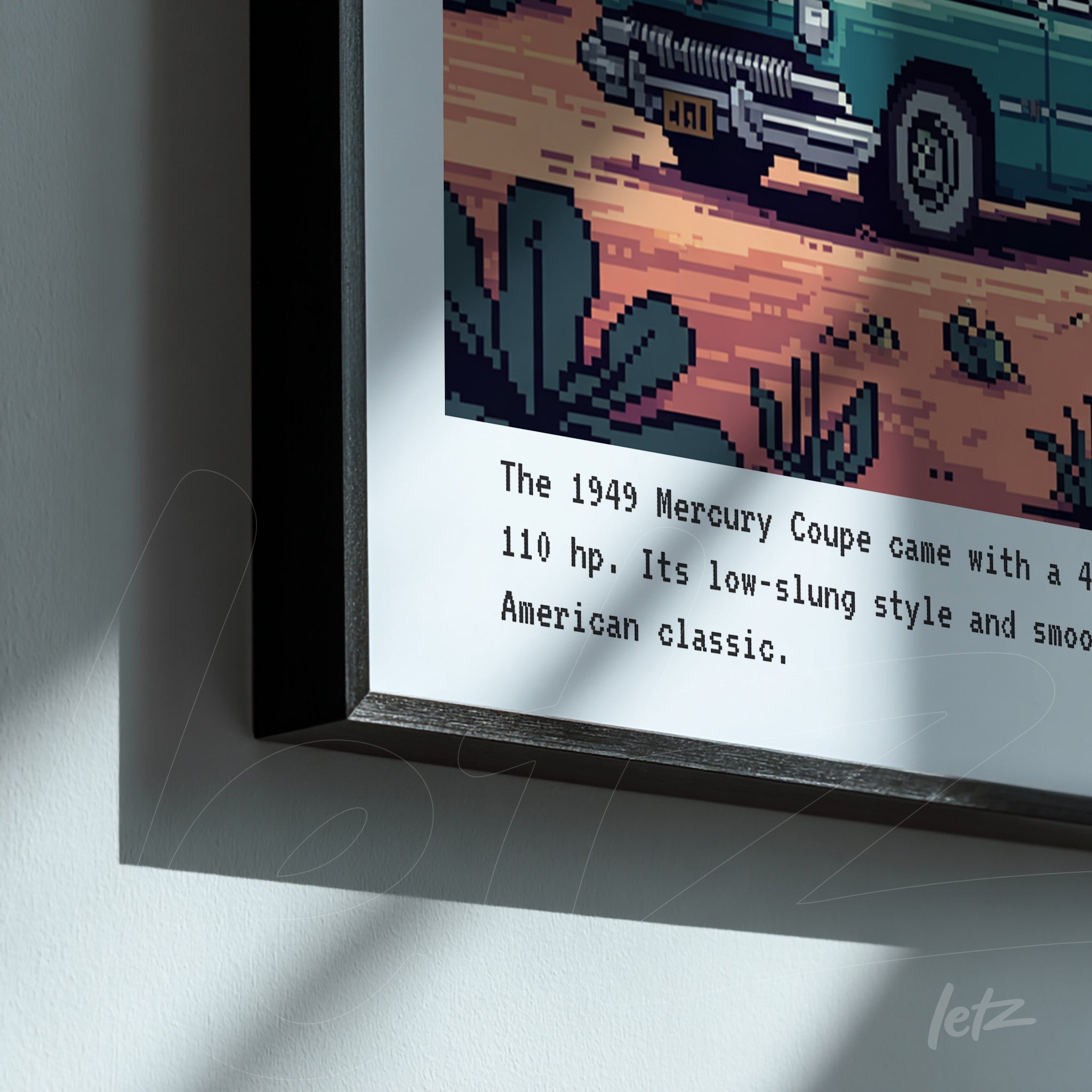 pixel art of a 1949 mercury coupe framed in black