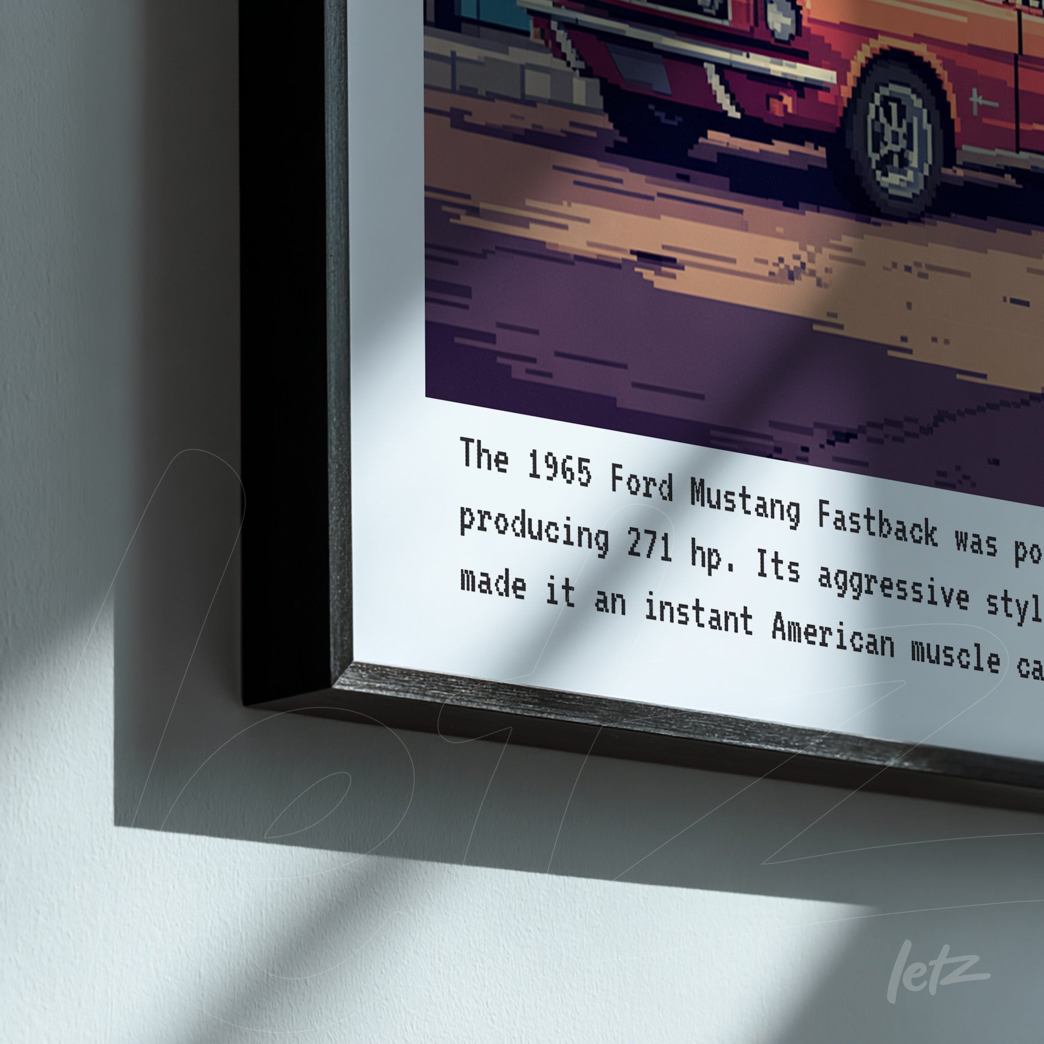 framed digital artwork of a 1965 Ford Mustang Fastback with a black frame