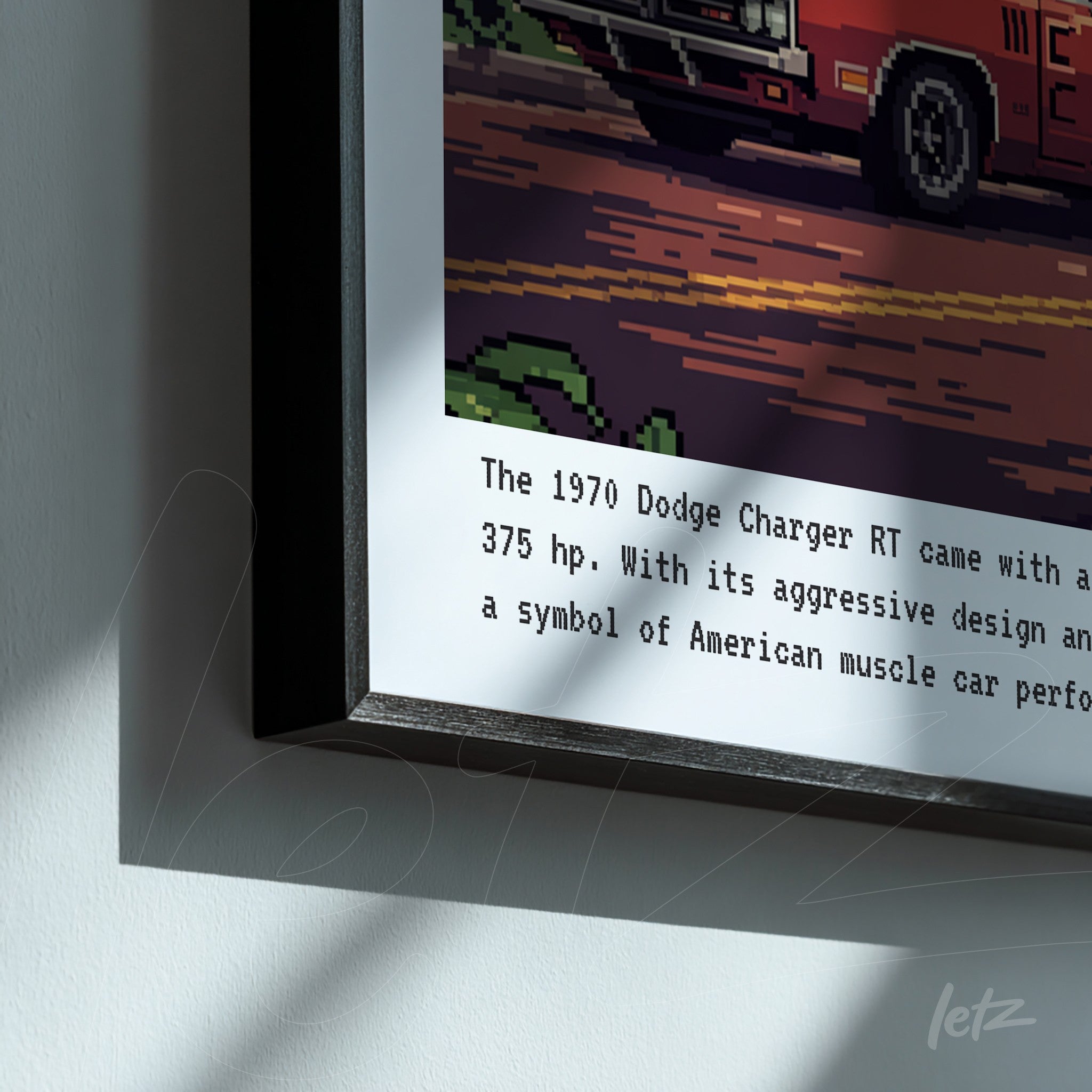 framed digital art of 1970 Dodge Charger RT with a black frame and descriptive text about the car