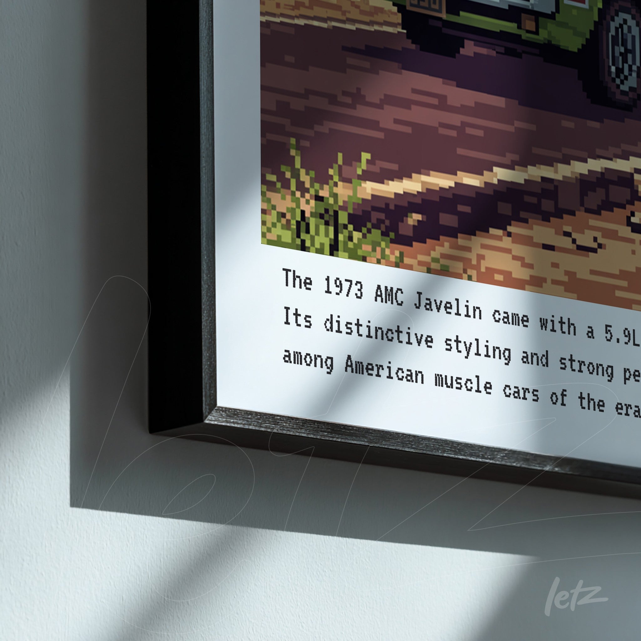 pixel art framed print of a 1973 AMC Javelin with a black slim frame
