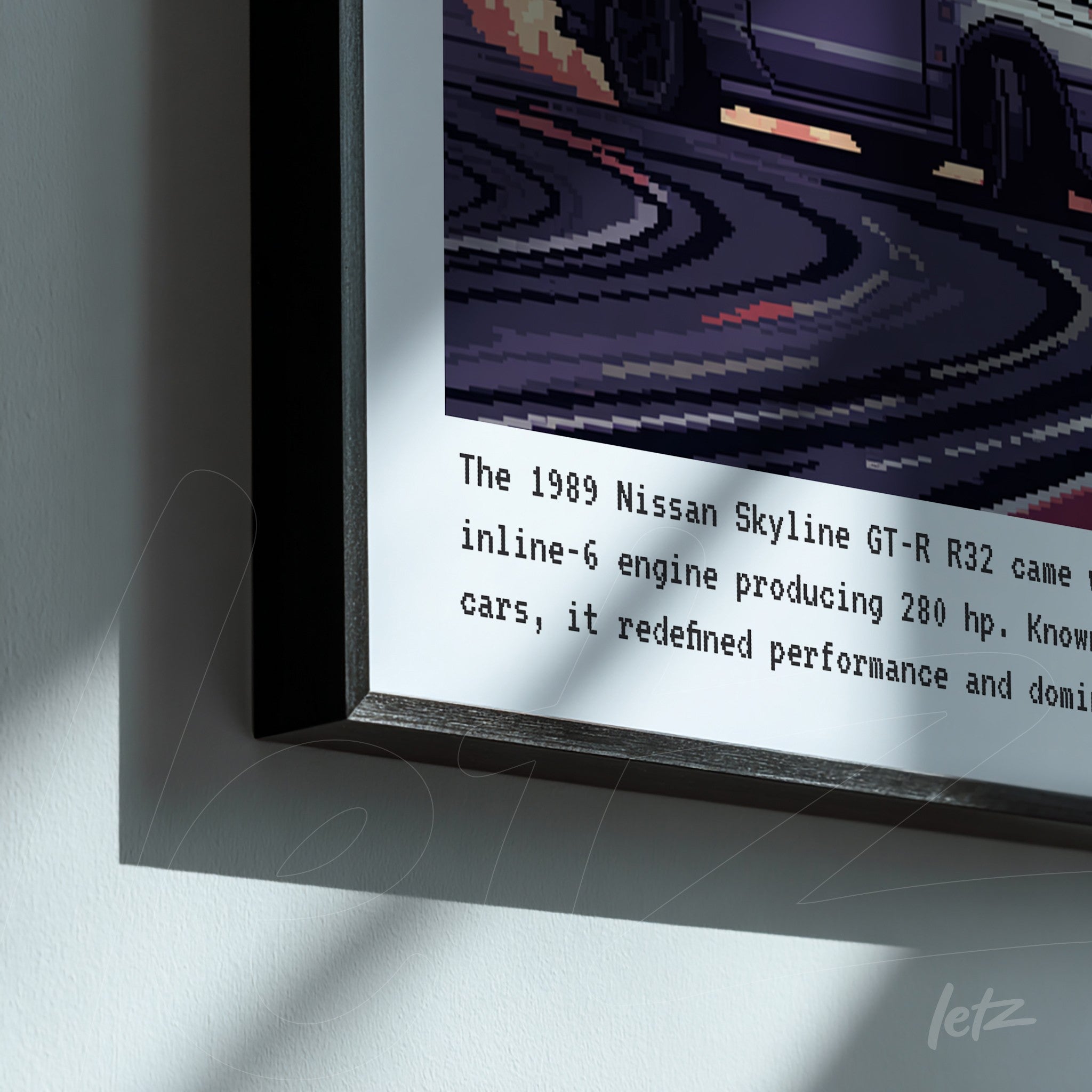 framed digital art of the vintage Nissan Skyline GT-R R32 with fine black frame and informative text at the bottom