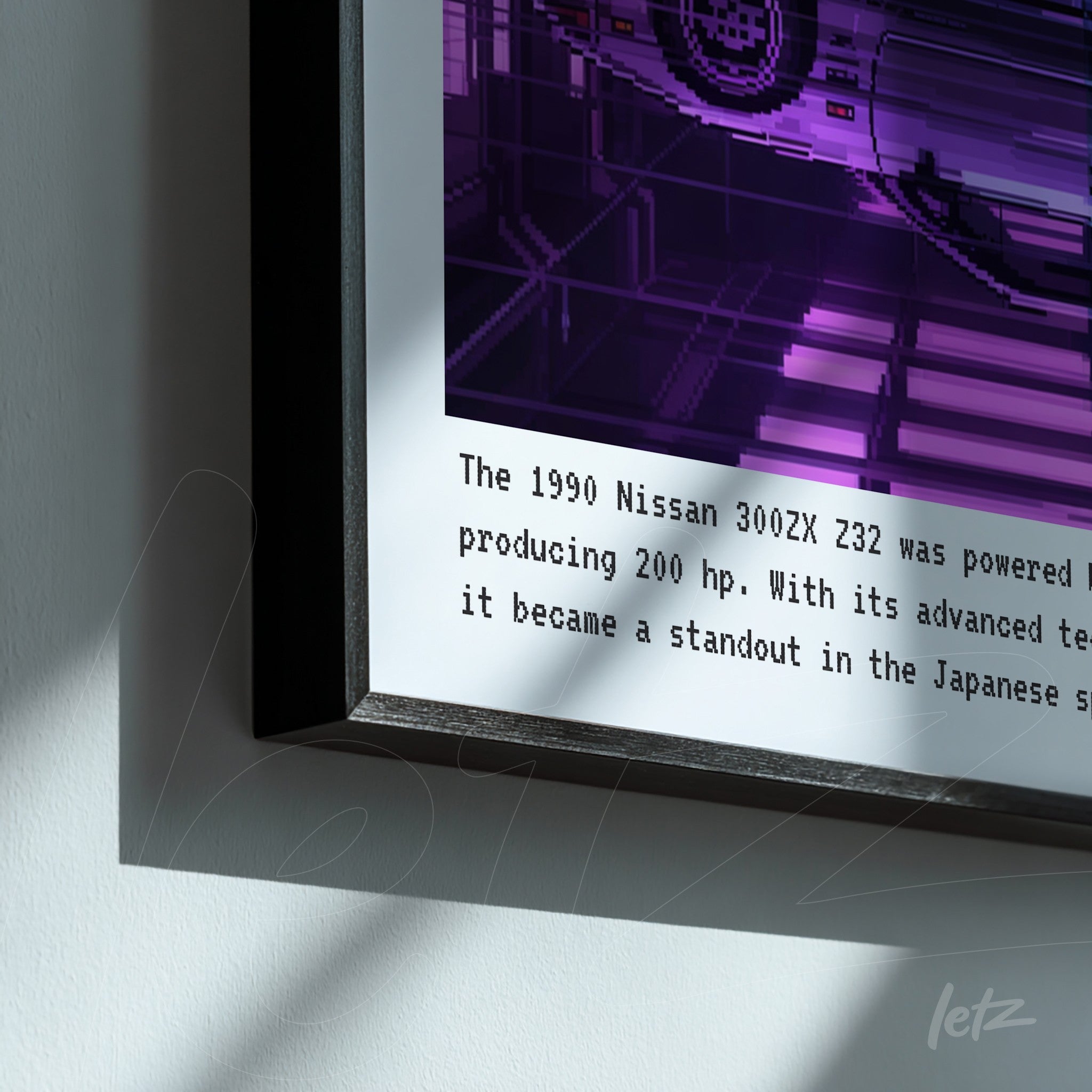 framed wall art featuring retro digital illustration of a Nissan 300ZX Z32 with purple background and descriptive text in black