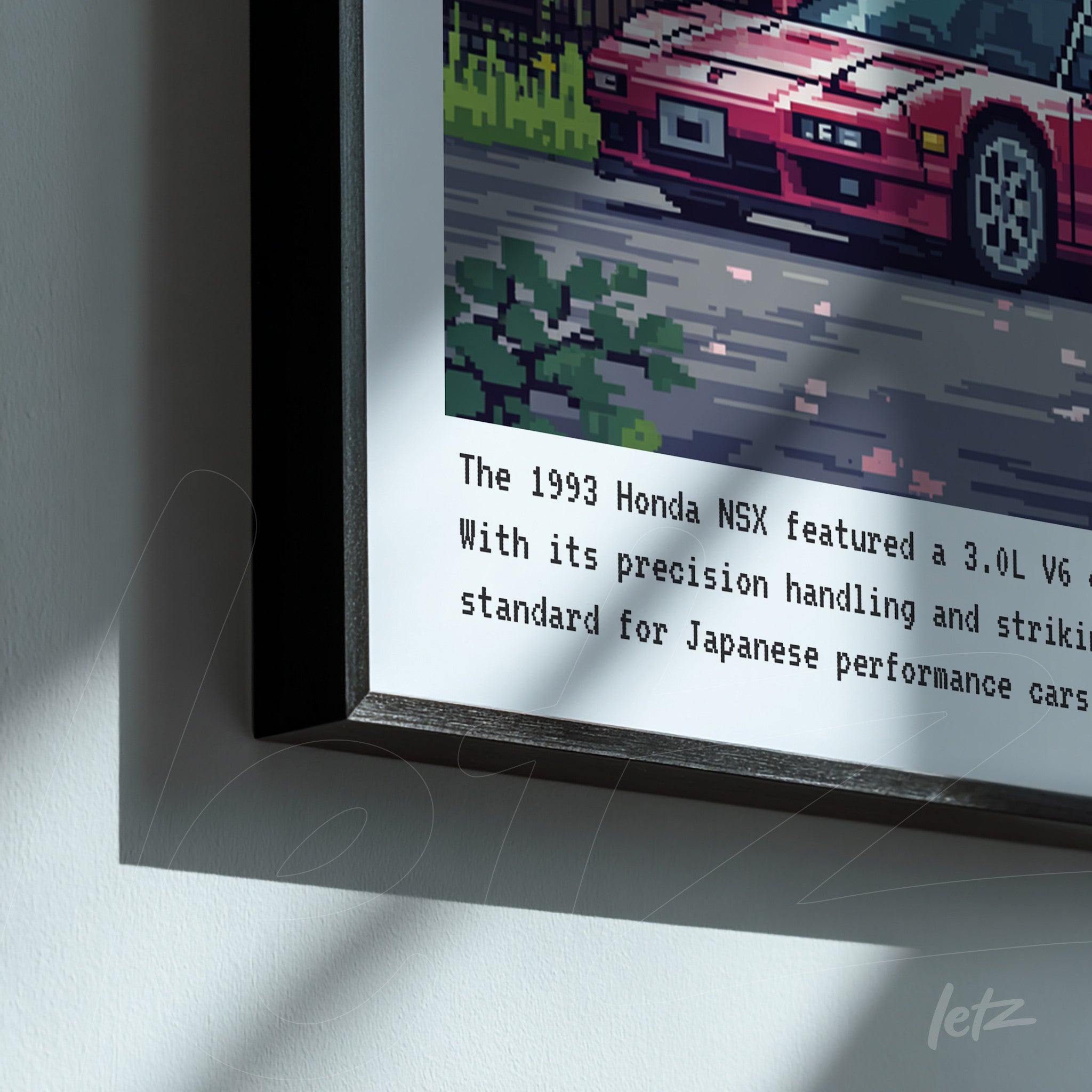 pixel art framed print of a 1993 Honda NSX with a sleek black frame