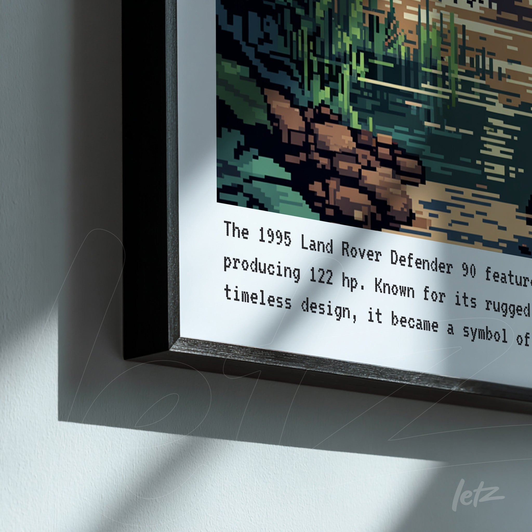 pixel art framed depiction of the 1995 Land Rover Defender with a nature background and black frame