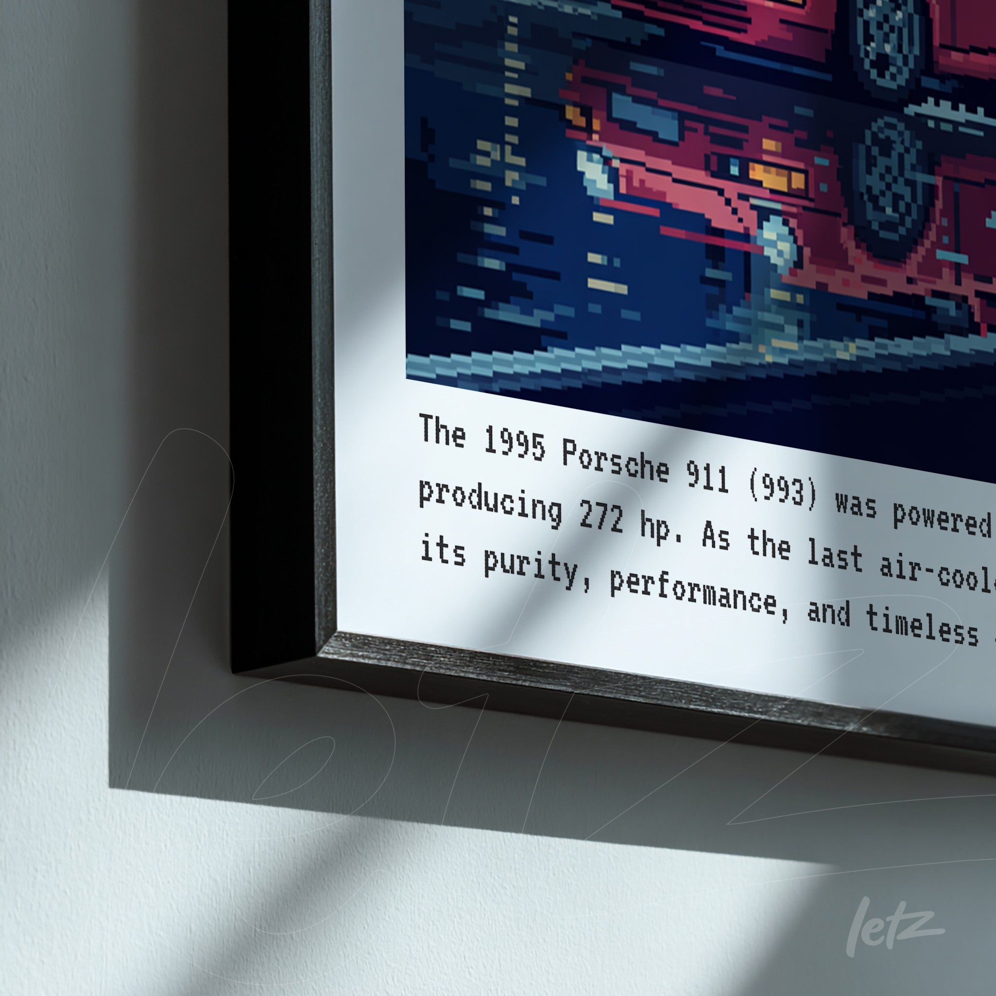 digital art print of the 1995 Porsche 911 with a black frame