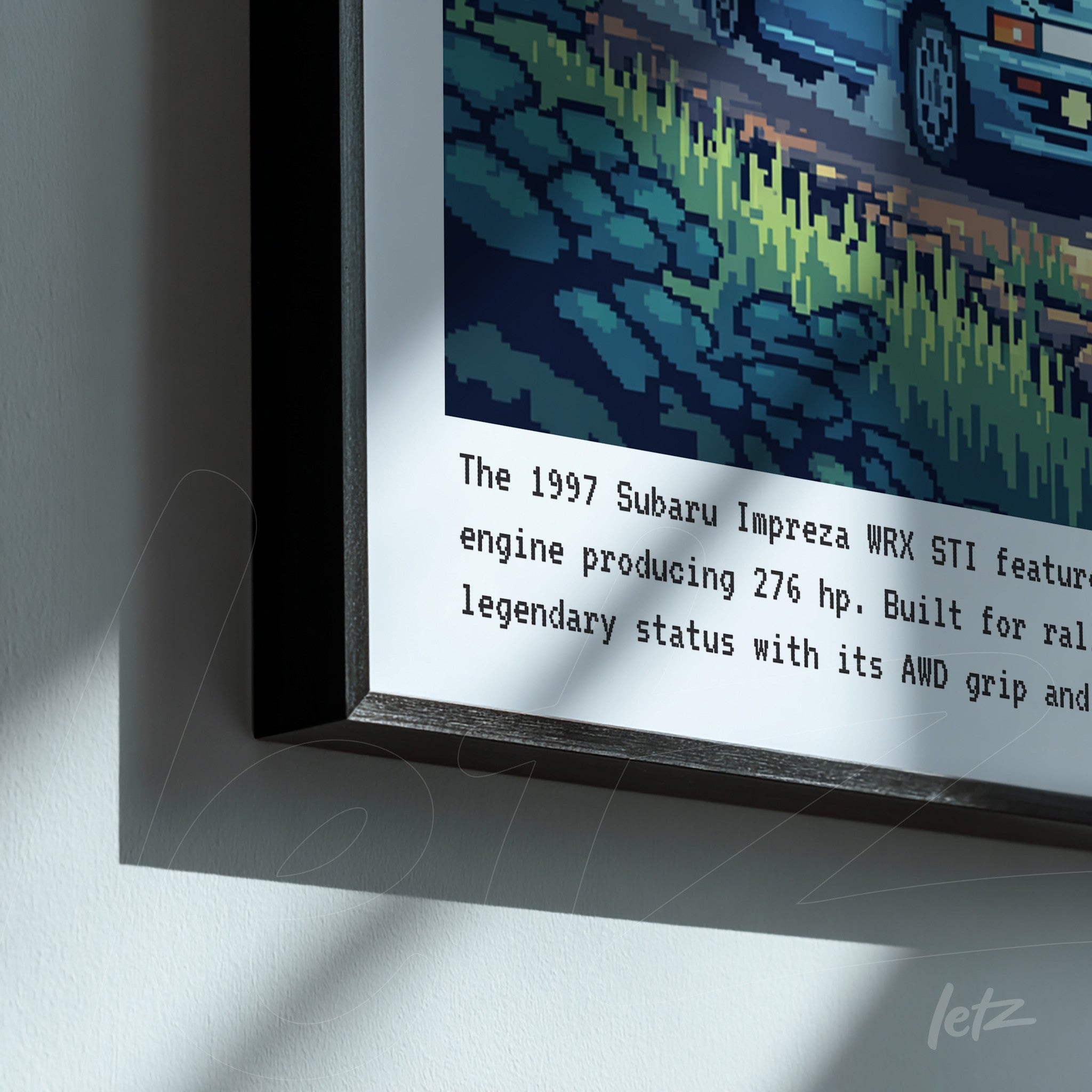 framed wall art featuring pixel art of the 1997 Subaru Impreza WRX STI with a green grass background