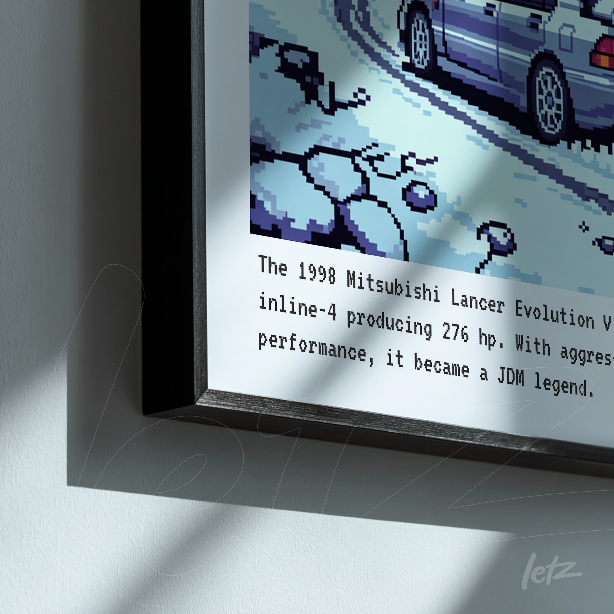 pixel art of the 1998 Mitsubishi Lancer Evolution with black frame