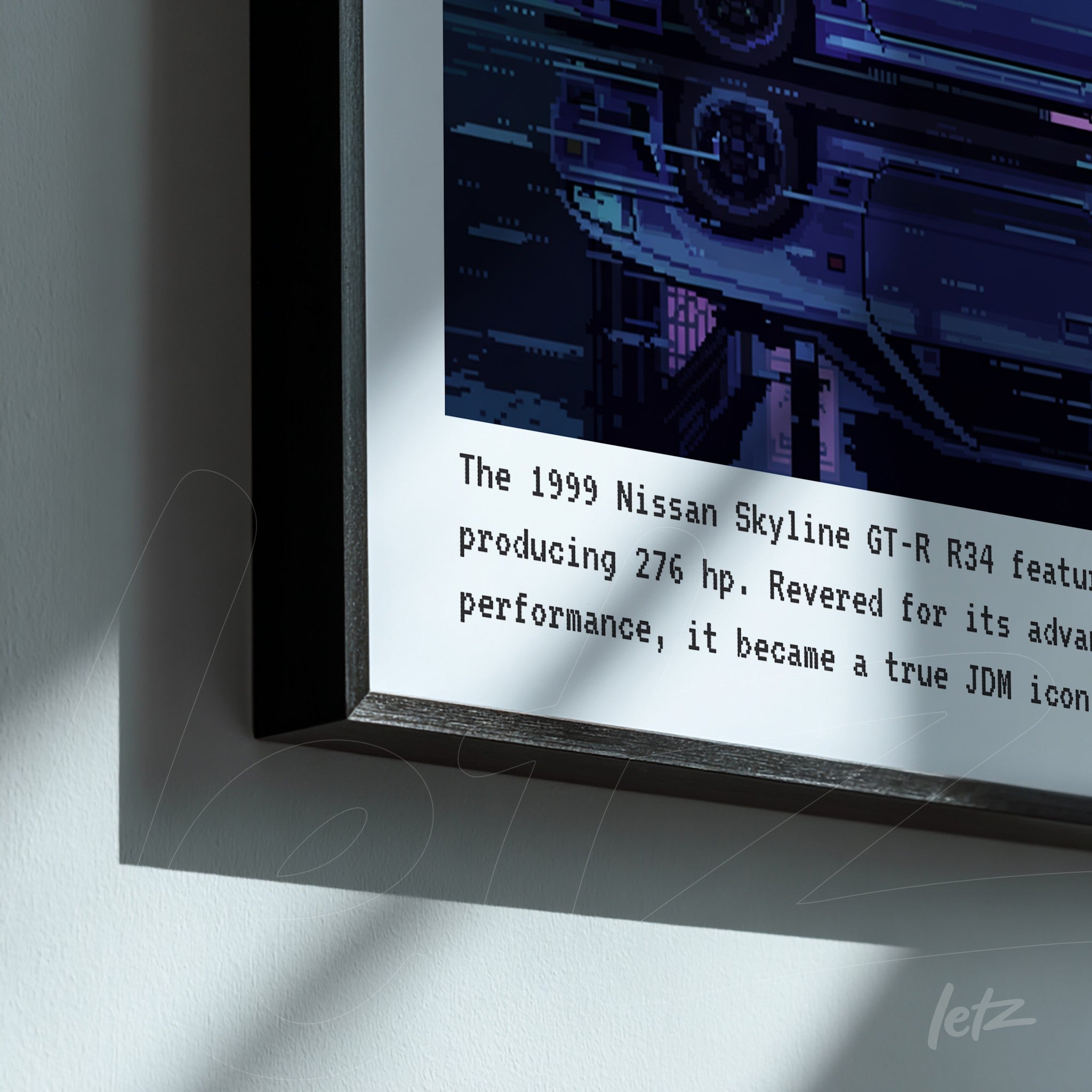 framed wall art featuring digital illustration of Nissan Skyline GT-R R34 with black frame and descriptive text