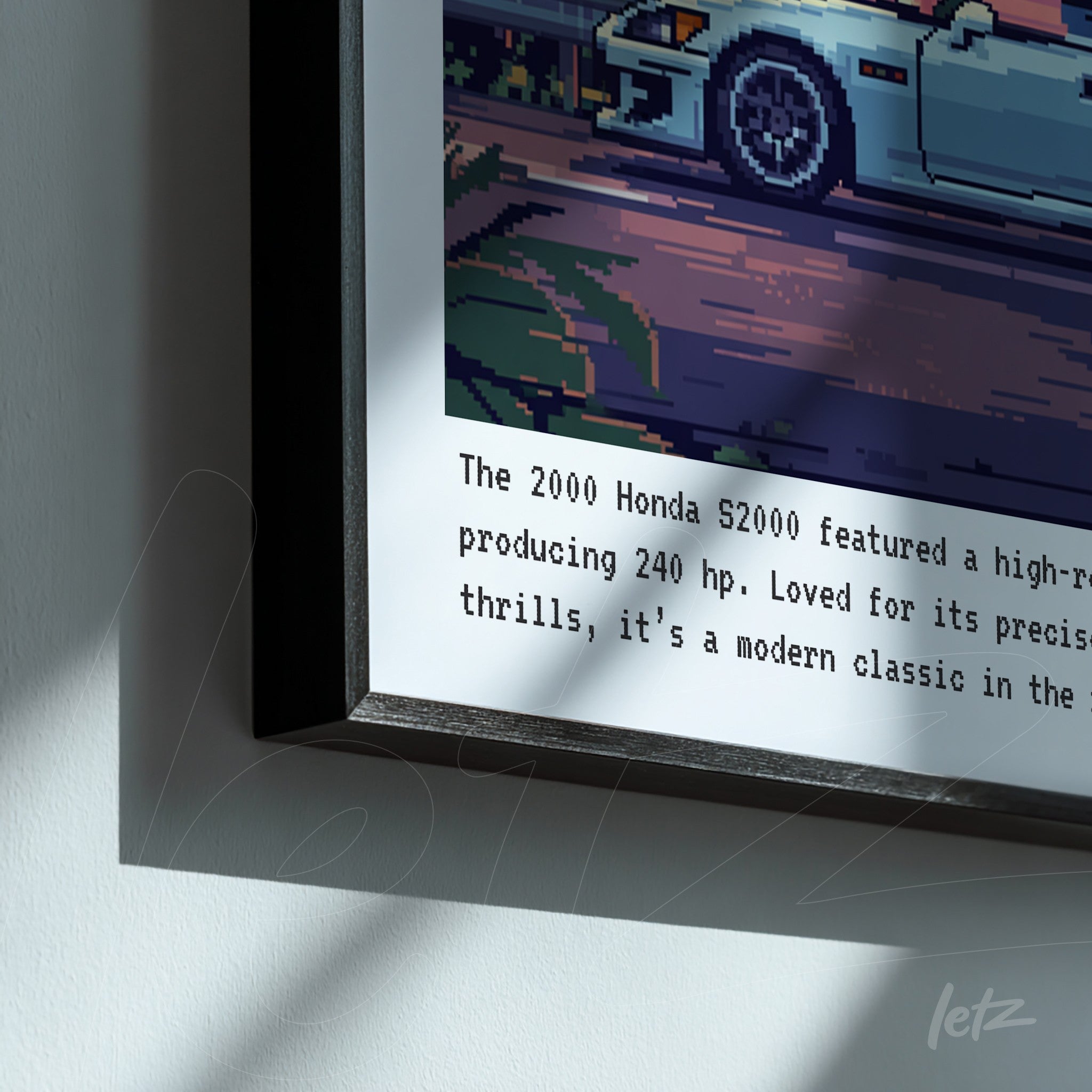 framed artwork depicting a pixel art illustration of a Honda S2000 sports car with a green background