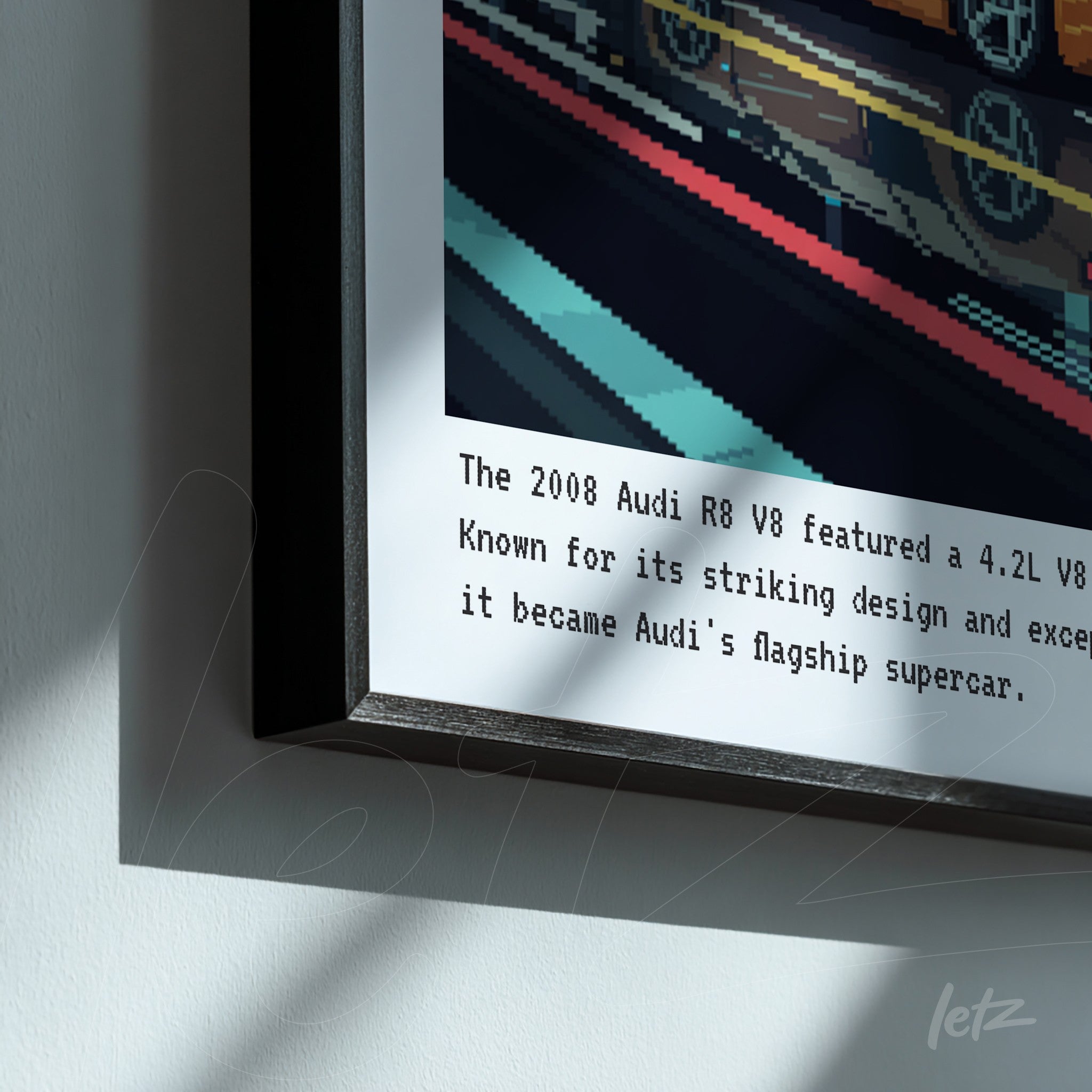 framed digital artwork of an audi r8 v8 car with a black frame, featuring a blue background and colorful details