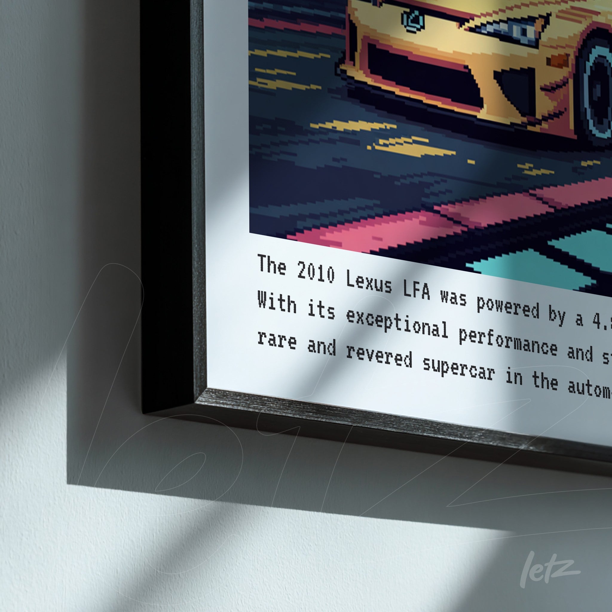 framed digital artwork of a sports car in pixel art style with informational text below the illustration