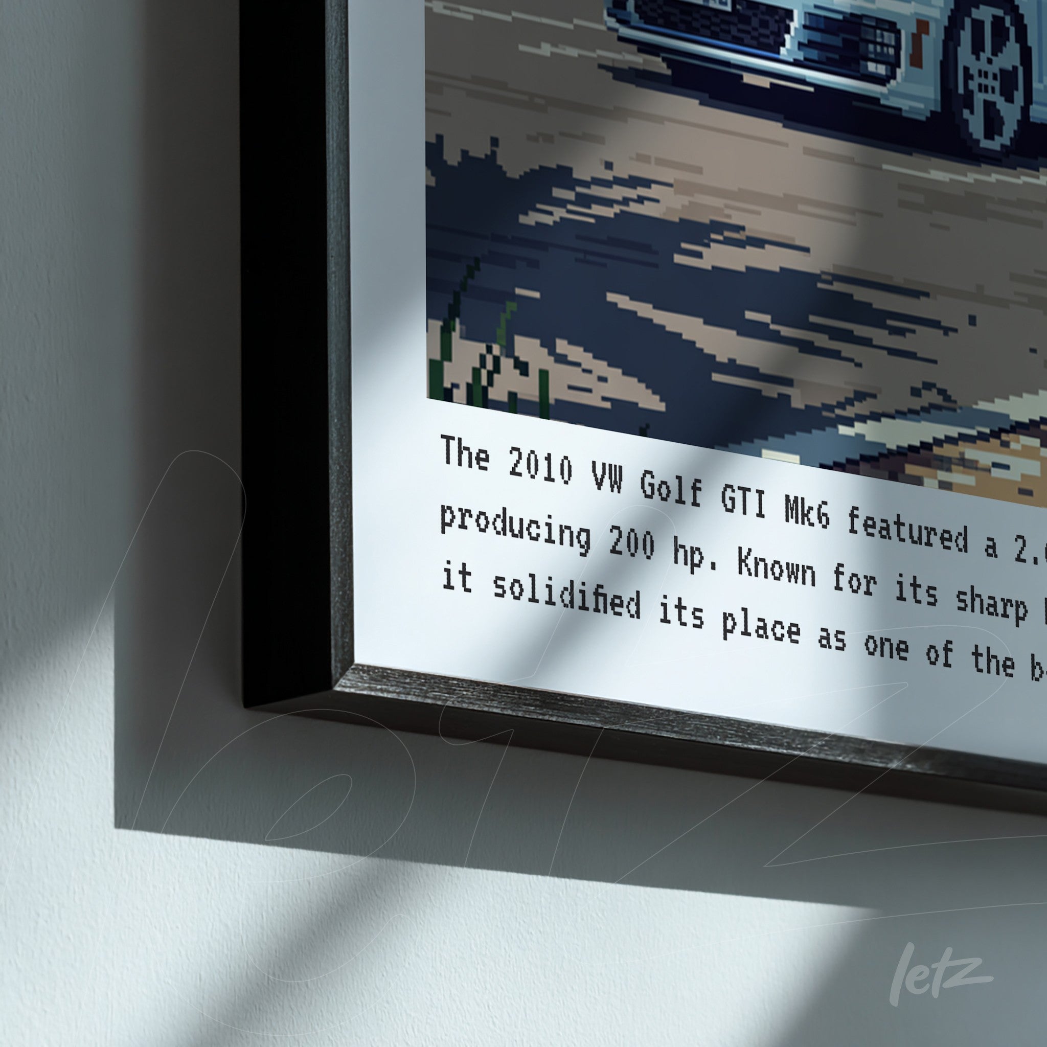 framed pixel art of a 2010 Volkswagen Golf GTI Mk6 with black frame