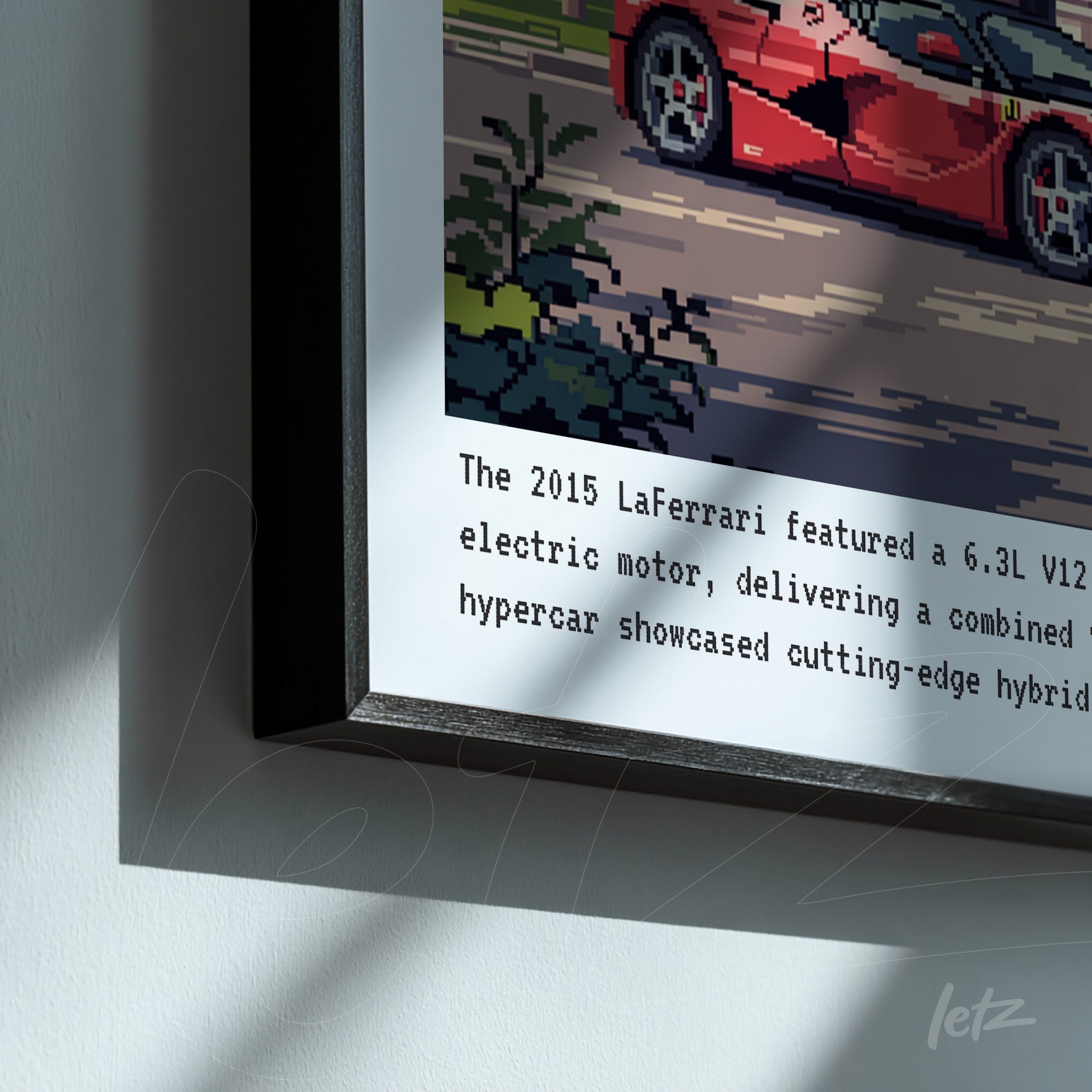framed pixel art of a LaFerrari with a black frame and descriptive text on the side