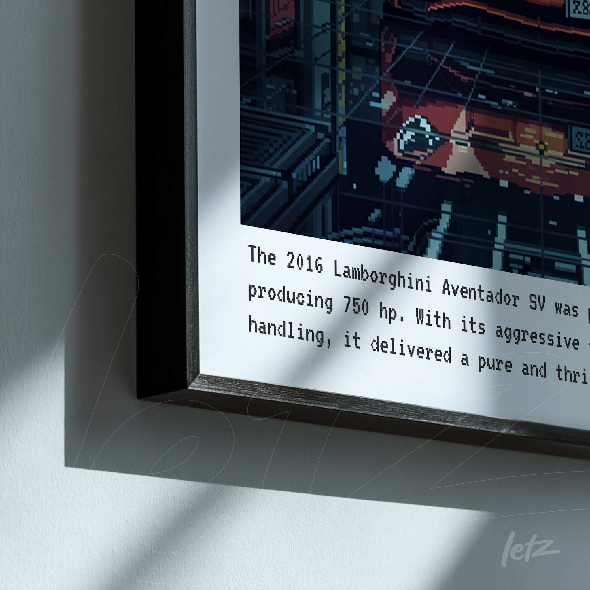 framed artwork featuring digital illustration of a 2016 Lamborghini Aventador SV with black frame