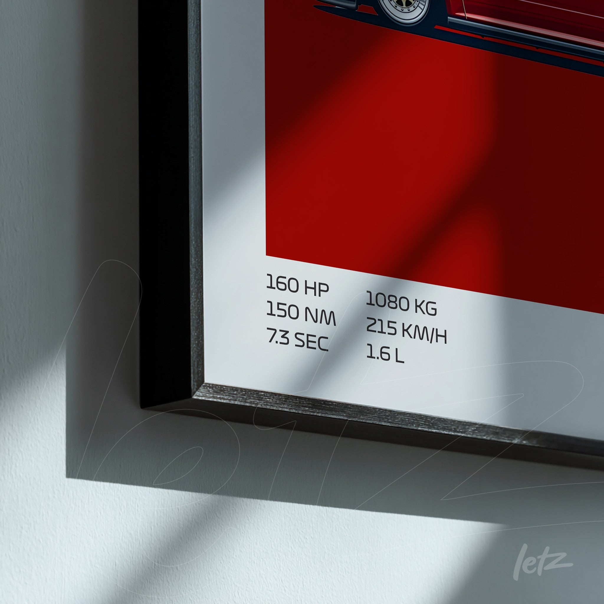 framed artwork showcasing a sports car illustration against a red background, featuring technical specifications like 160 HP and 7.3 SEC