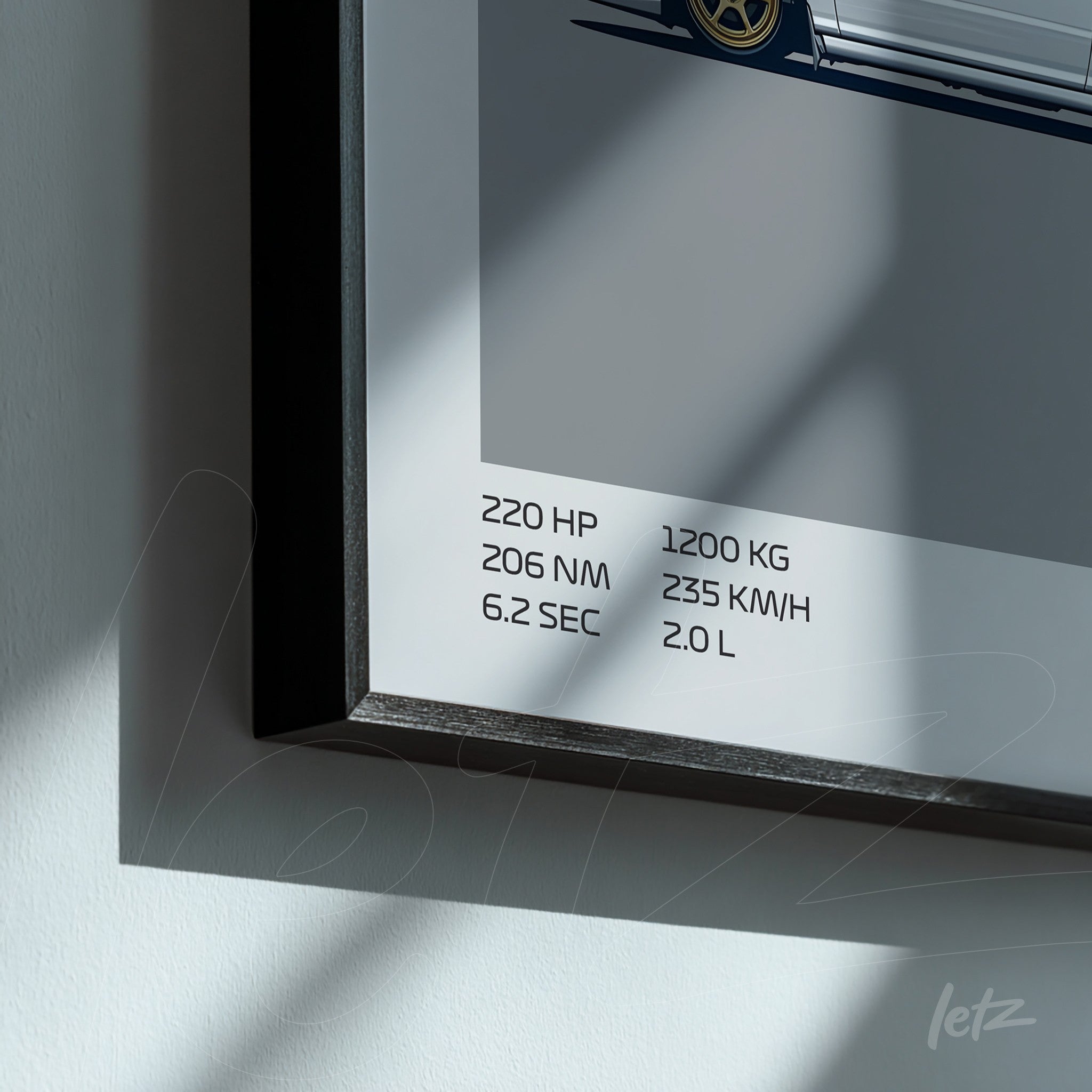 framed wall art featuring a sports car on a gray background with dark frame, highlighting technical specifications like horsepower and weight
