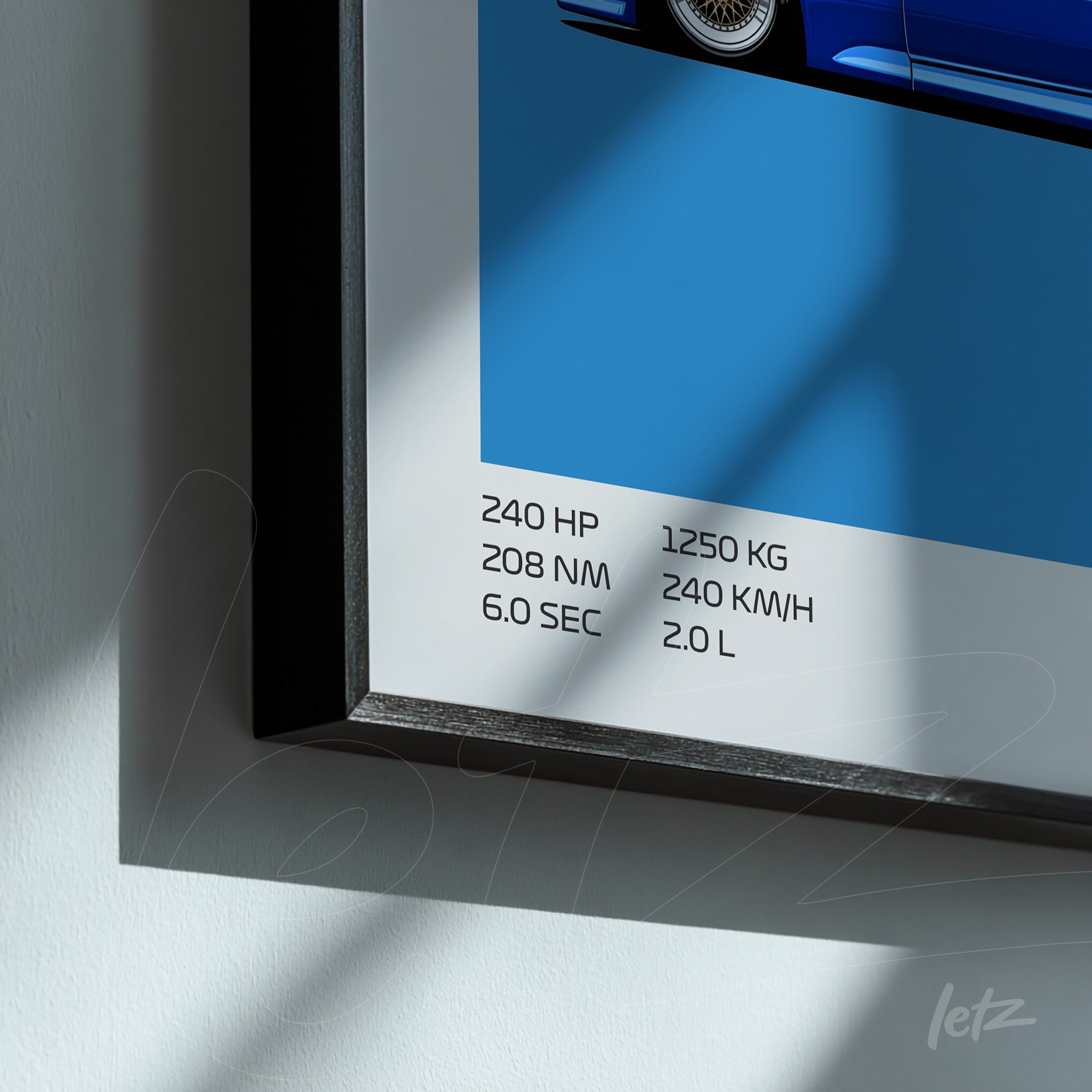 framed wall art featuring a digital illustration of a blue sports car with technical specifications on a light blue background and black frame