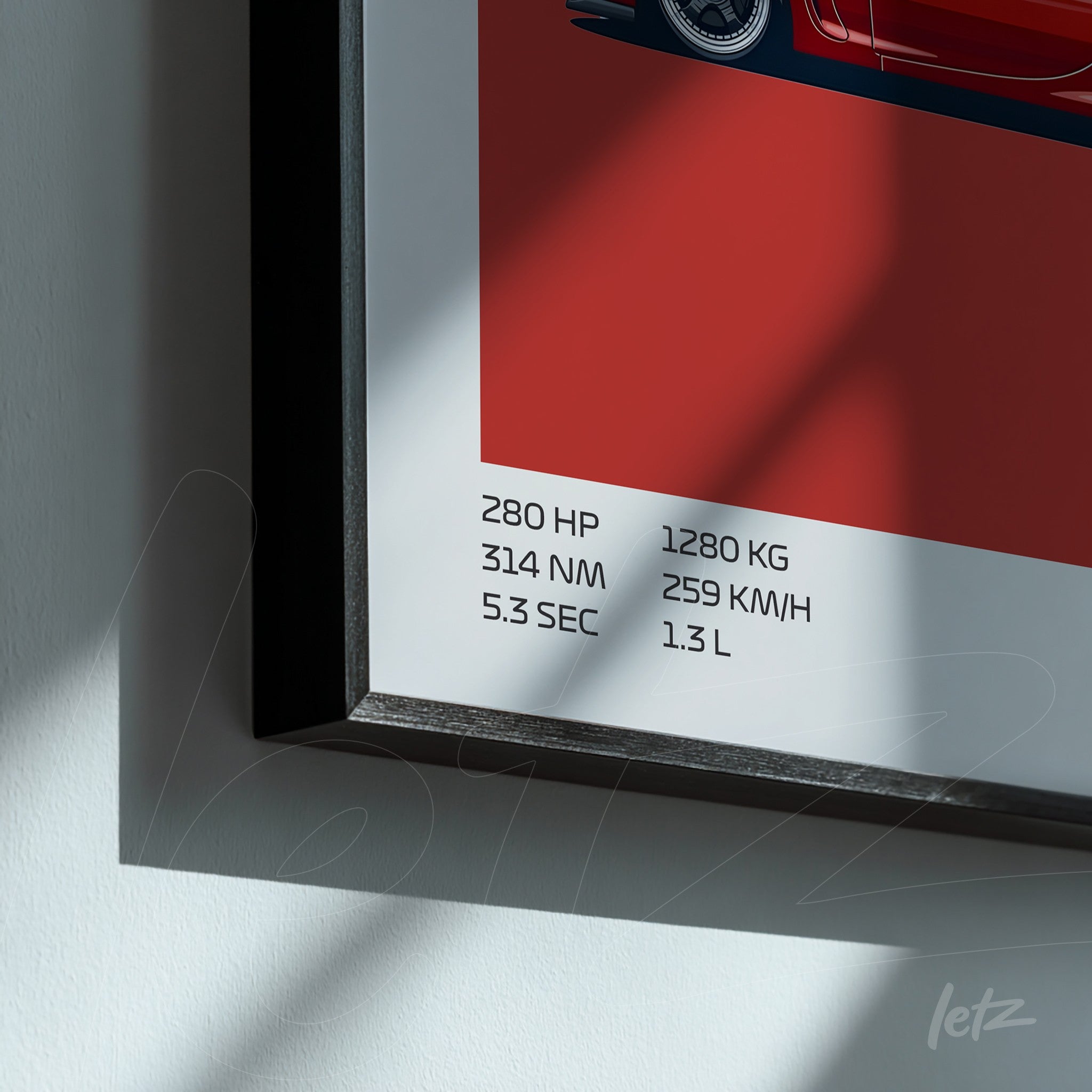 framed wall art featuring minimalist illustration of a sports car on red background with technical specifications at the bottom