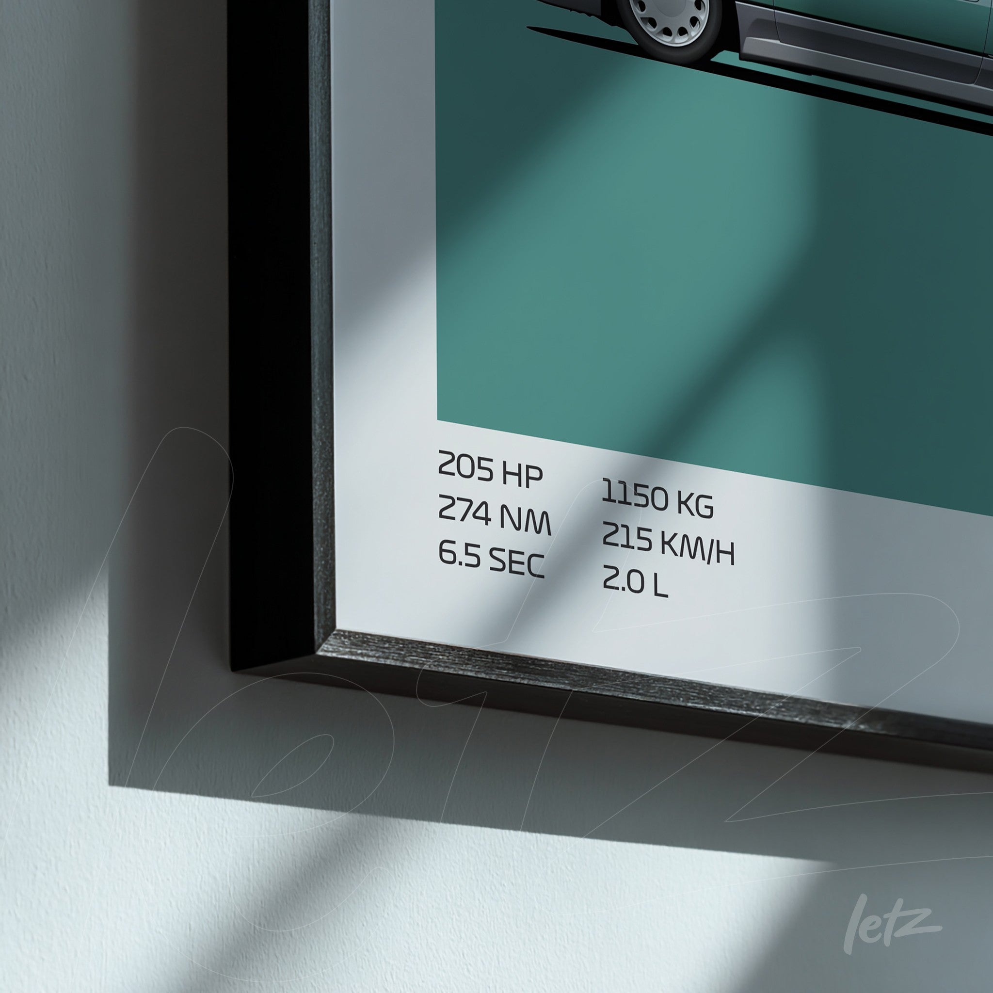 framed wall art featuring a minimalist illustration of a sports car with a black frame and green background