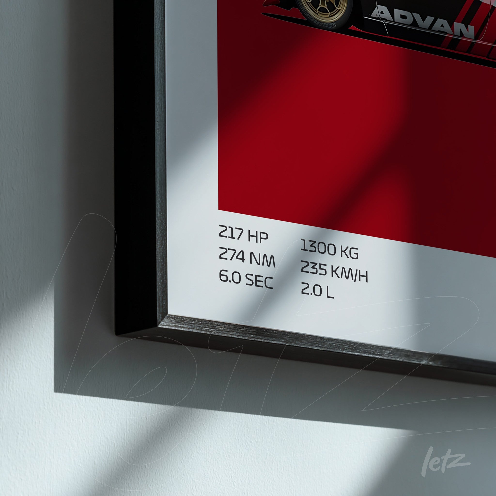 framed wall art featuring a race car graphic on a red background with white technical specifications and a black frame