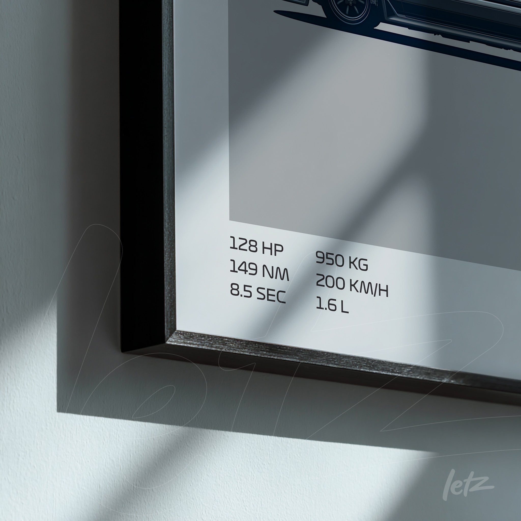framed wall art featuring a technical illustration of a car with specifications like horsepower, weight, and speed in a minimalist design