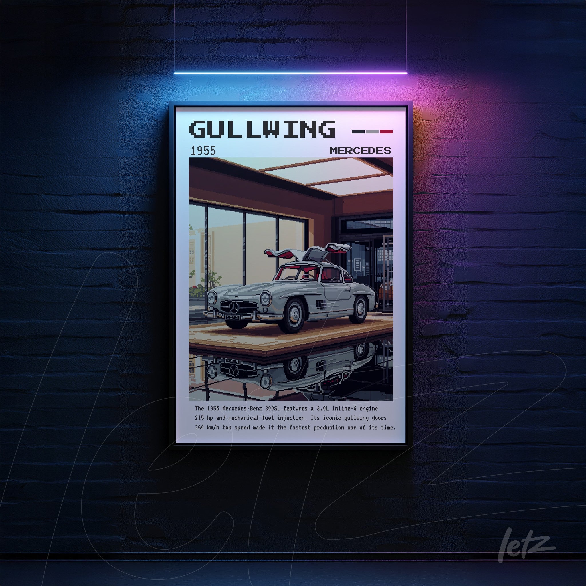 framed illustration of the 1955 Mercedes Gullwing car with a sleek black frame against a dark blue wall
