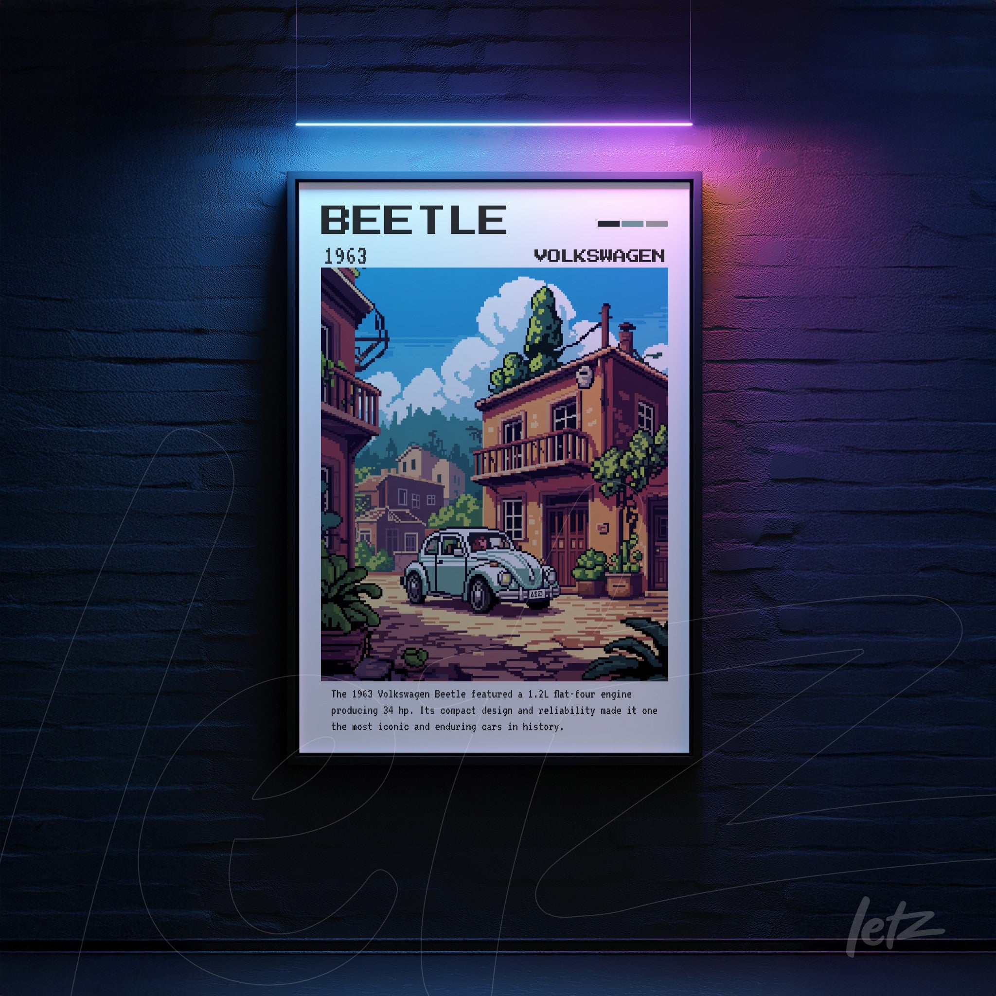 framed pixel art featuring a volkswagen beetle car in an urban setting with colorful houses and greenery in the background