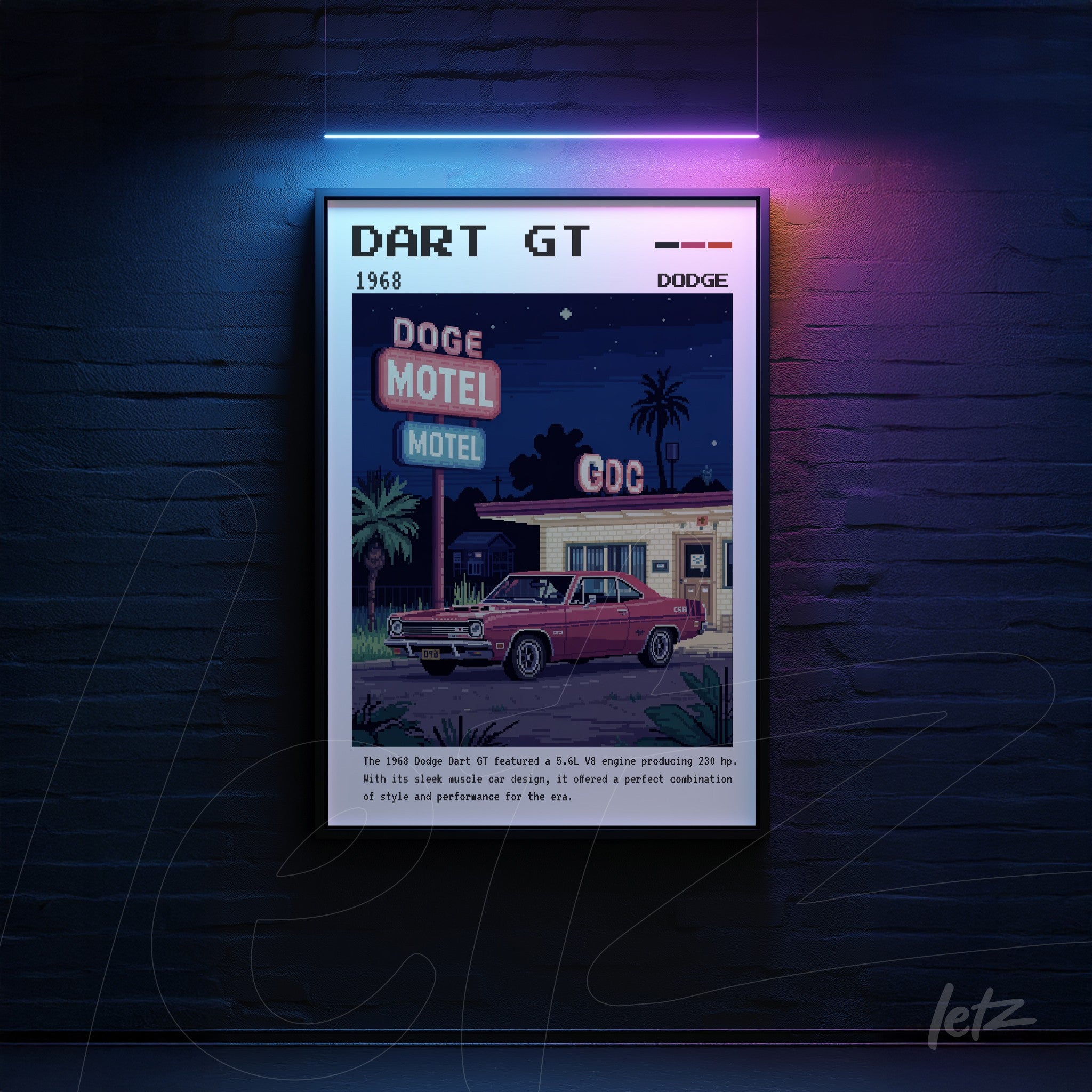 vintage wall art of a 1968 dart gt in dark frame featuring the illuminated dodge motel against a blue background with neon details