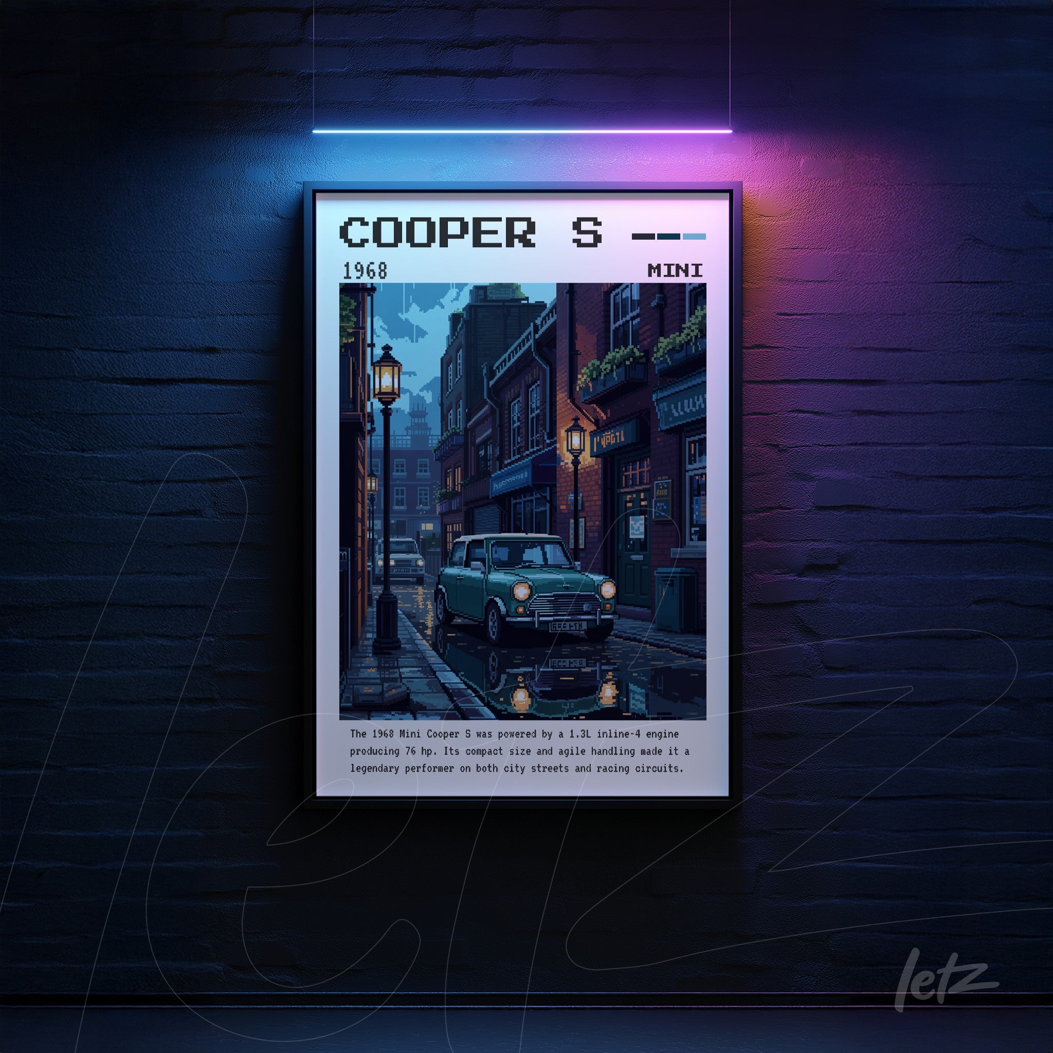 framed retro-style digital art of a Mini Cooper S parked in an urban street setting with neon lighting