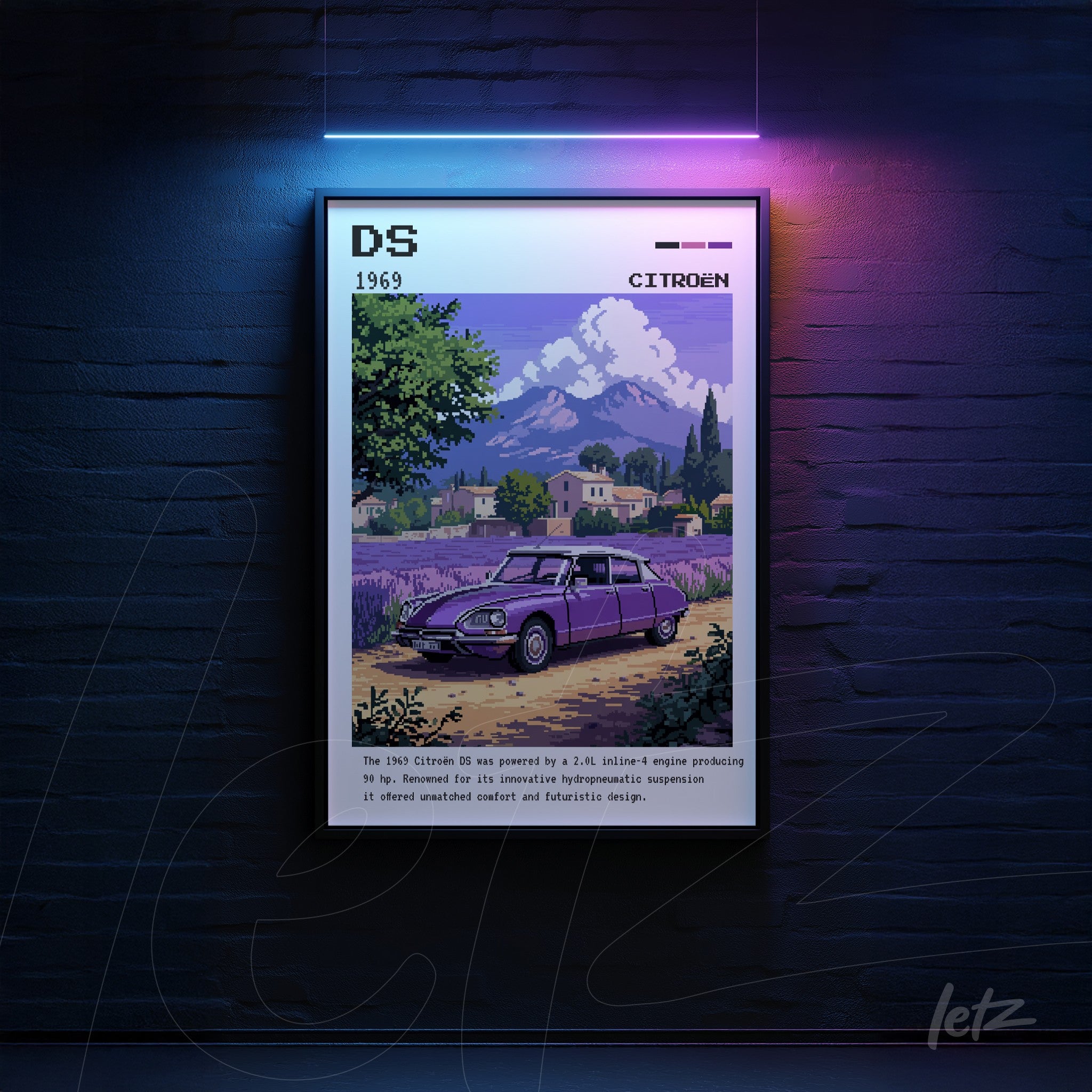 framed digital art of the 1969 Citroën DS car with black frame, featuring a backdrop of mountains and rural scenery