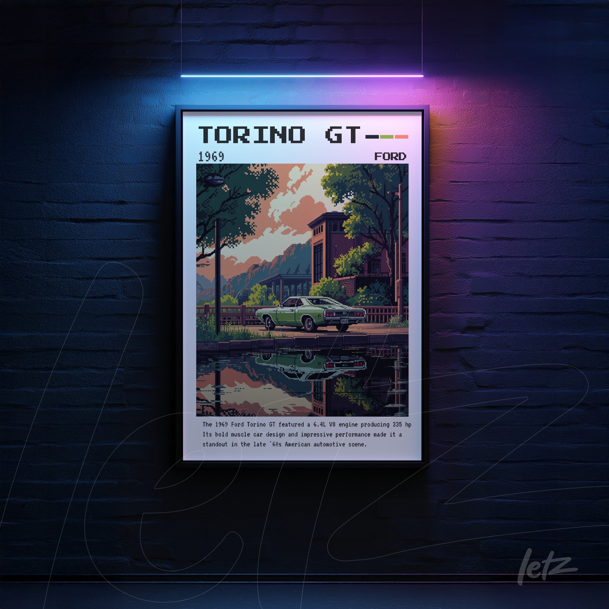 framed retro art of the 1969 Ford Torino GT showcasing the car in an urban landscape with mountains in the background