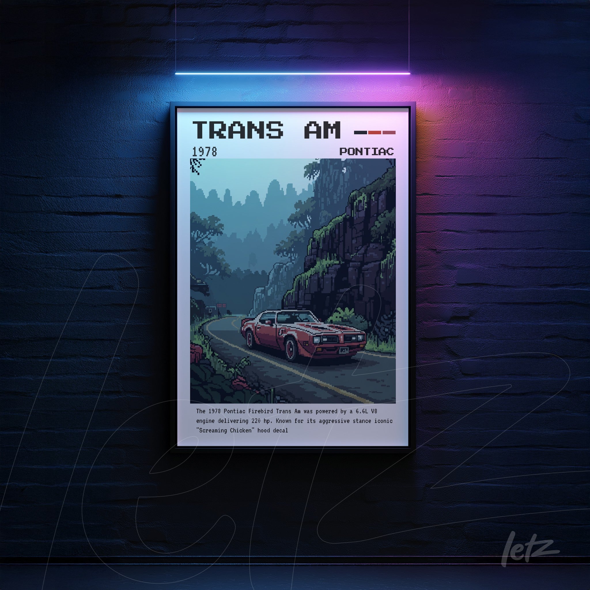 pixel art wall art of a 1978 Trans Am car in black frame set against a mountainous landscape
