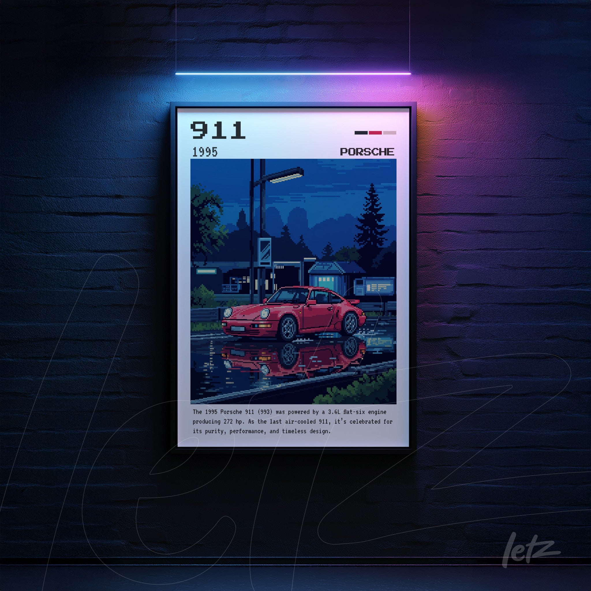 framed digital art of a red Porsche 911 reflected in water, set against a night city background with black frame