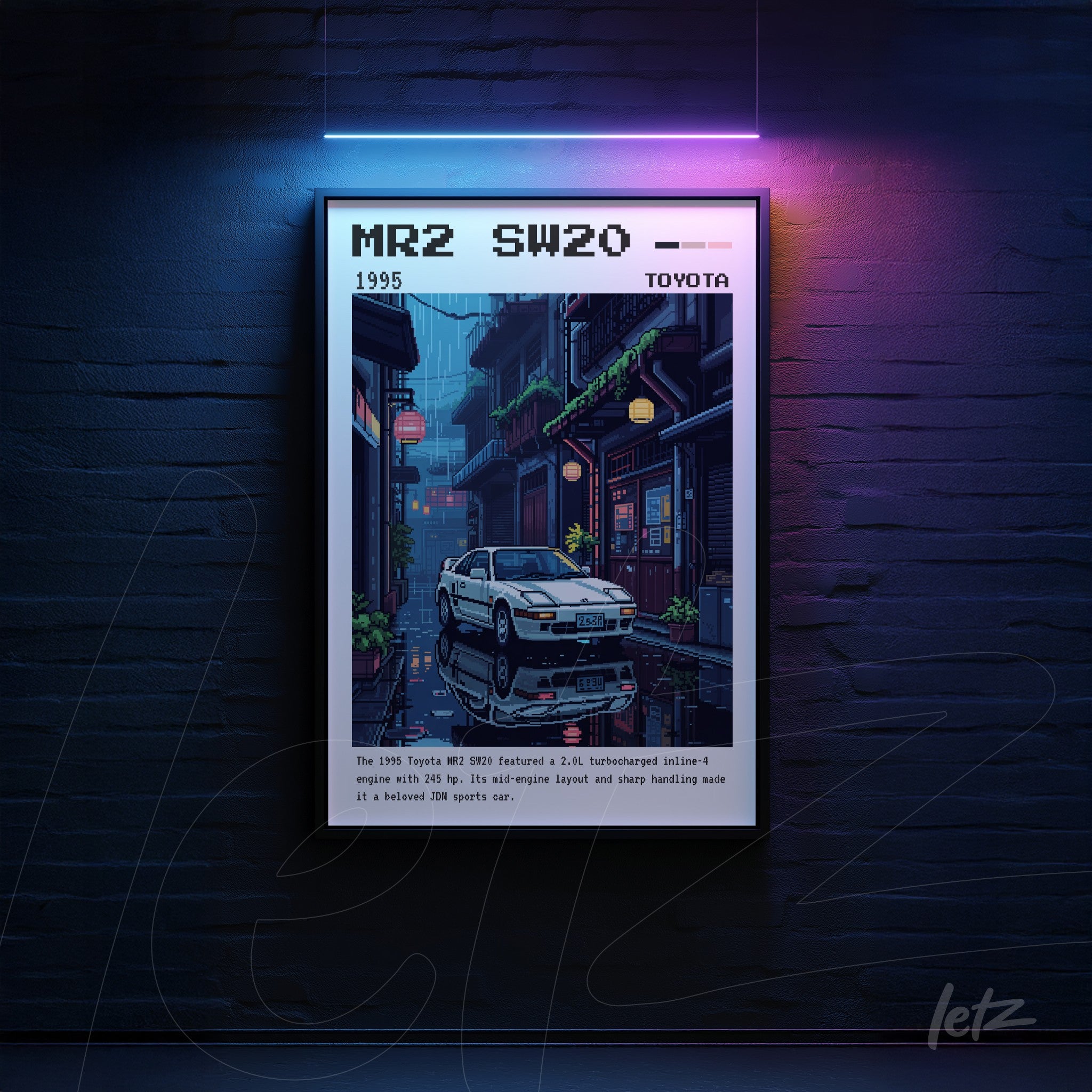 framed digital artwork of the 1995 MR2 SW20 model in black frame