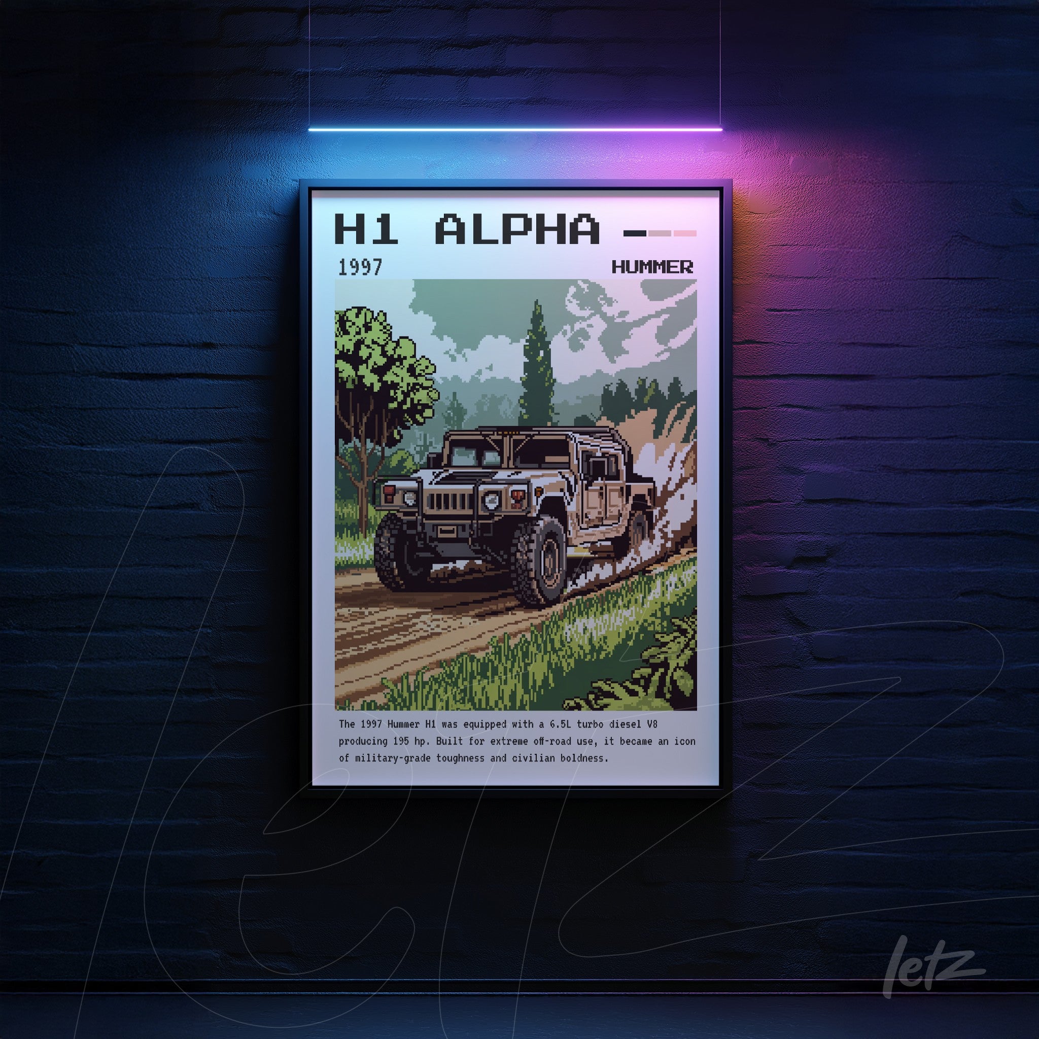 pixel art framed print of Hummer H1 Alpha driving on a dirt path surrounded by trees with dark blue background