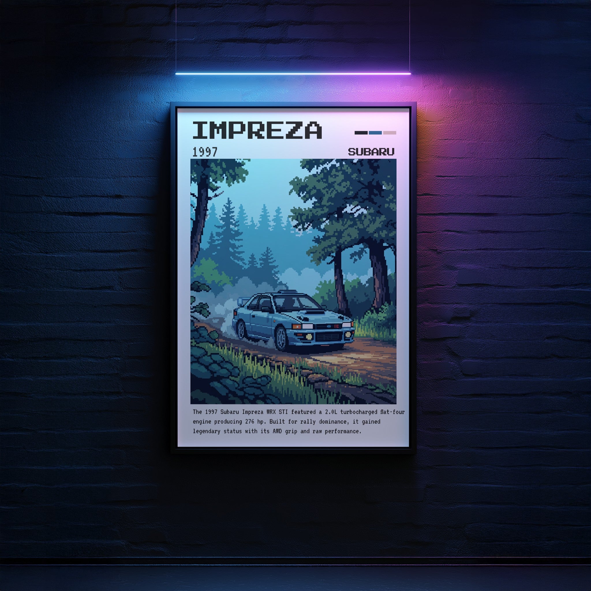 pixel art framed wall art of 1997 Subaru Impreza with black frame hanging on brick wall