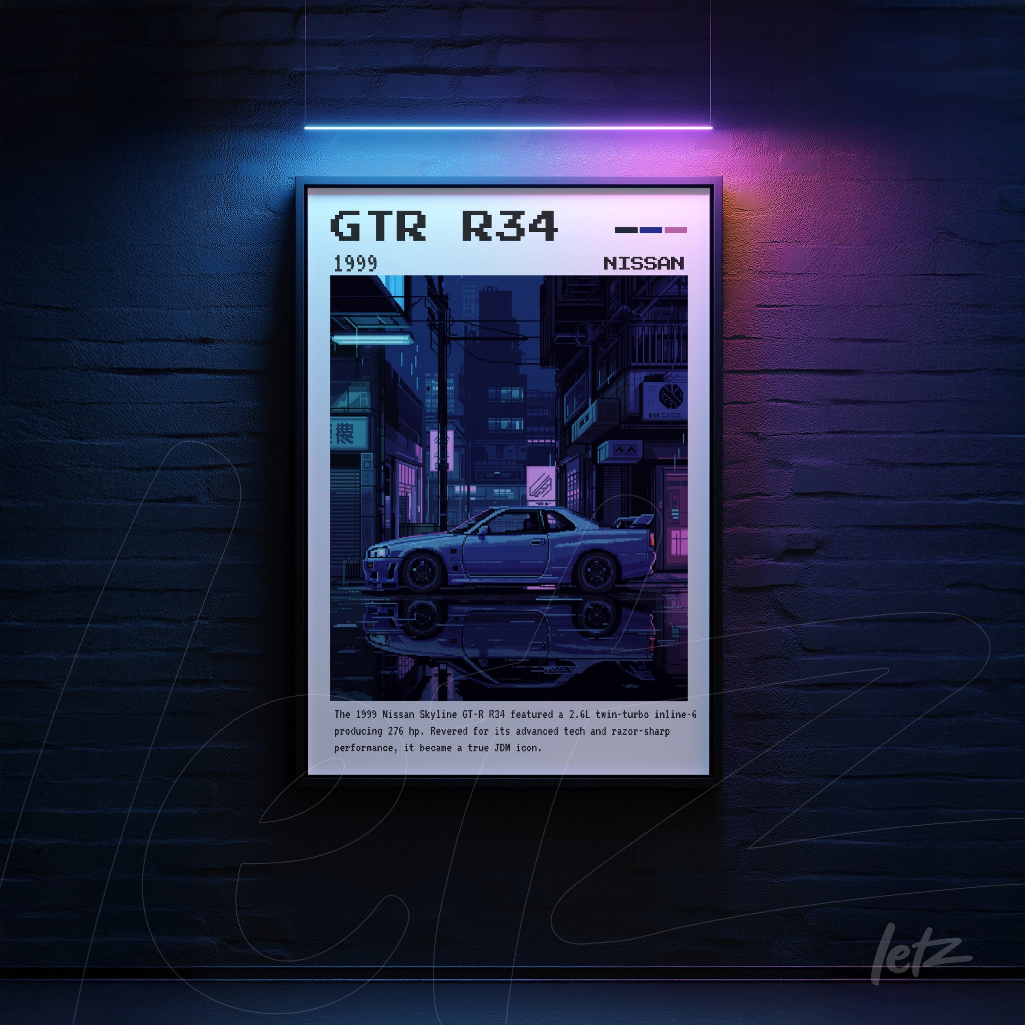 framed artwork featuring the 1999 Nissan GTR R34 in a futuristic urban night scene with neon lights