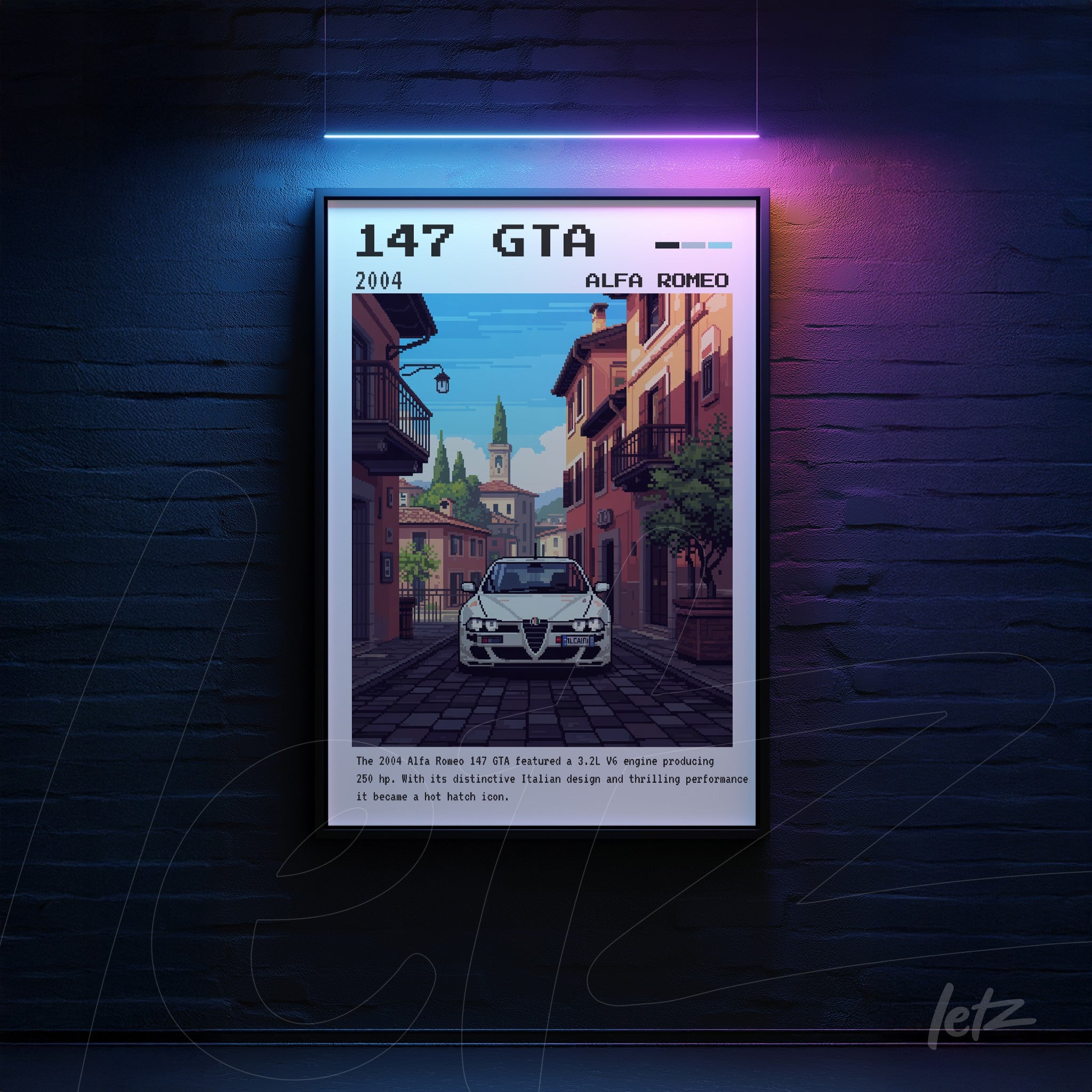 retro style digital art of Alfa Romeo 147 GTA in front of colorful buildings with an urban landscape