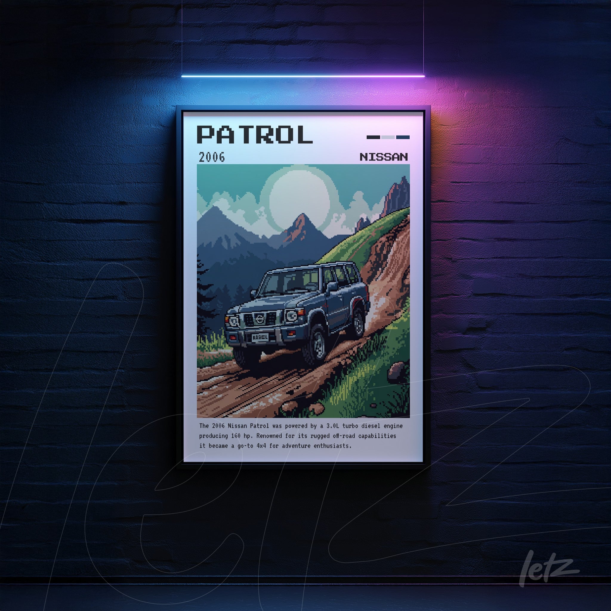 framed retro artwork of the 2006 Nissan Patrol in a mountain landscape
